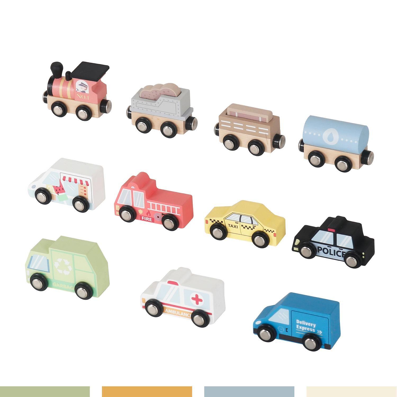 Set Autos de Juguete Tren Pista y Señaleticas Madera Bandú-2