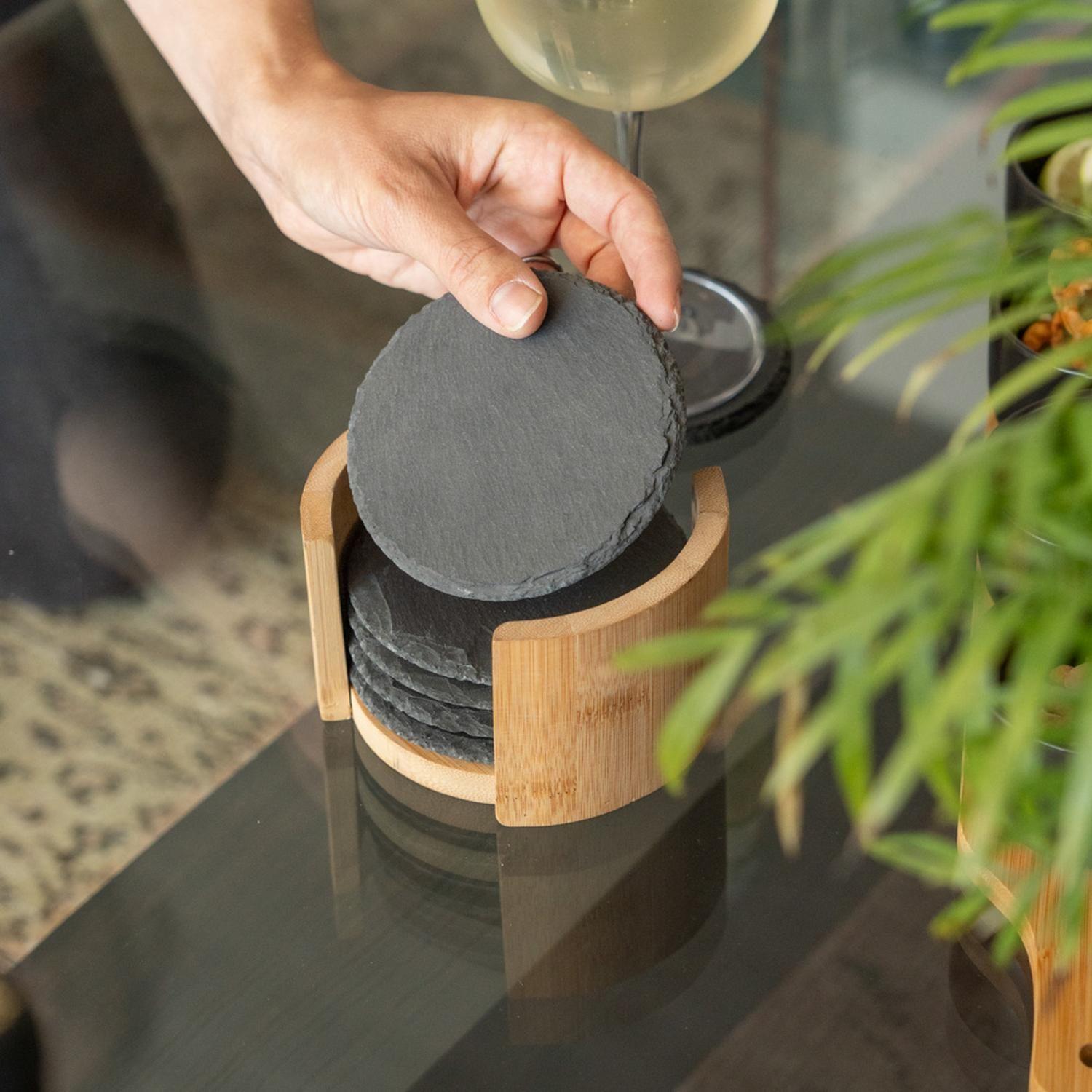 Set de 6 Posavasos de Piedra Soporte de Bambú 10 cm Secret De Gourmet-2