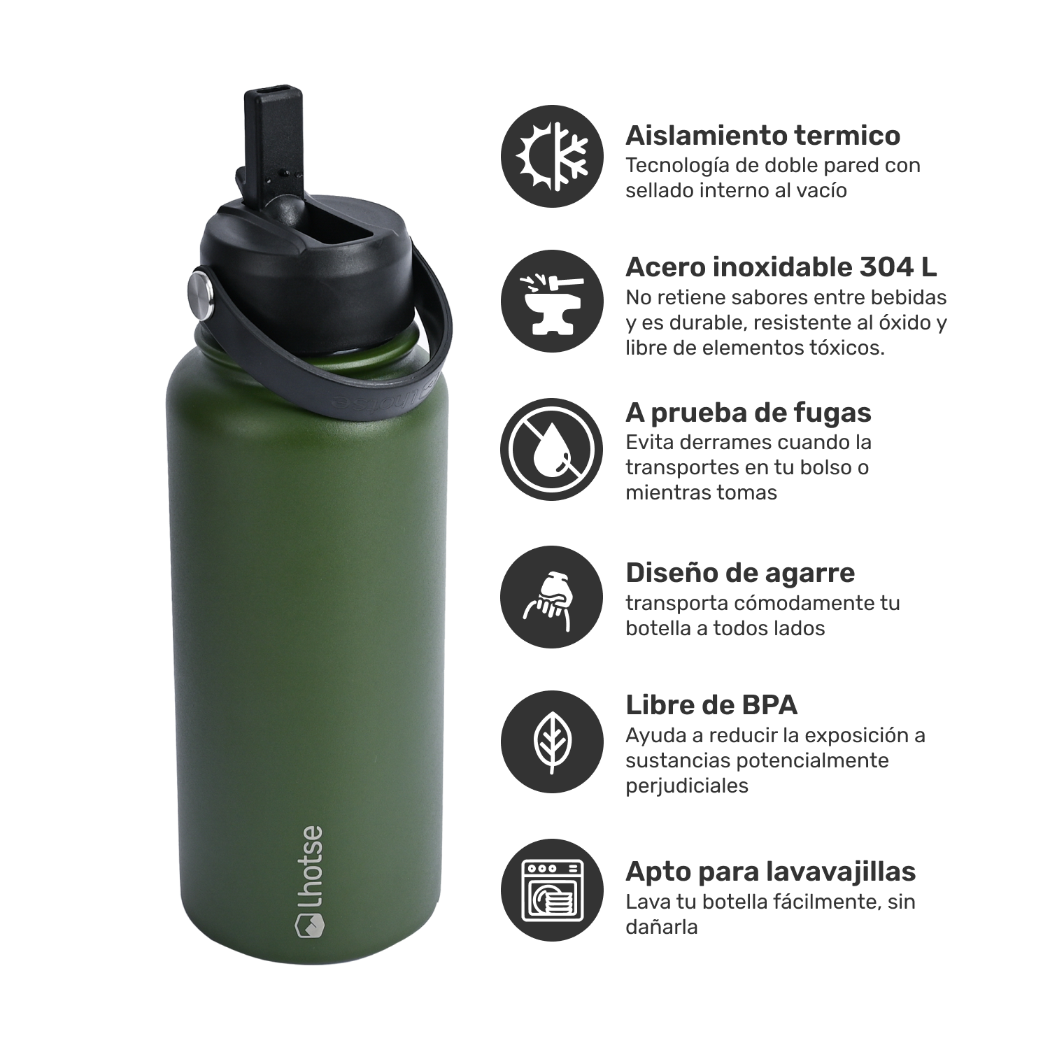 Botella Térmica Hydro Verde 960ml + 2 Tapas Lhotse-1