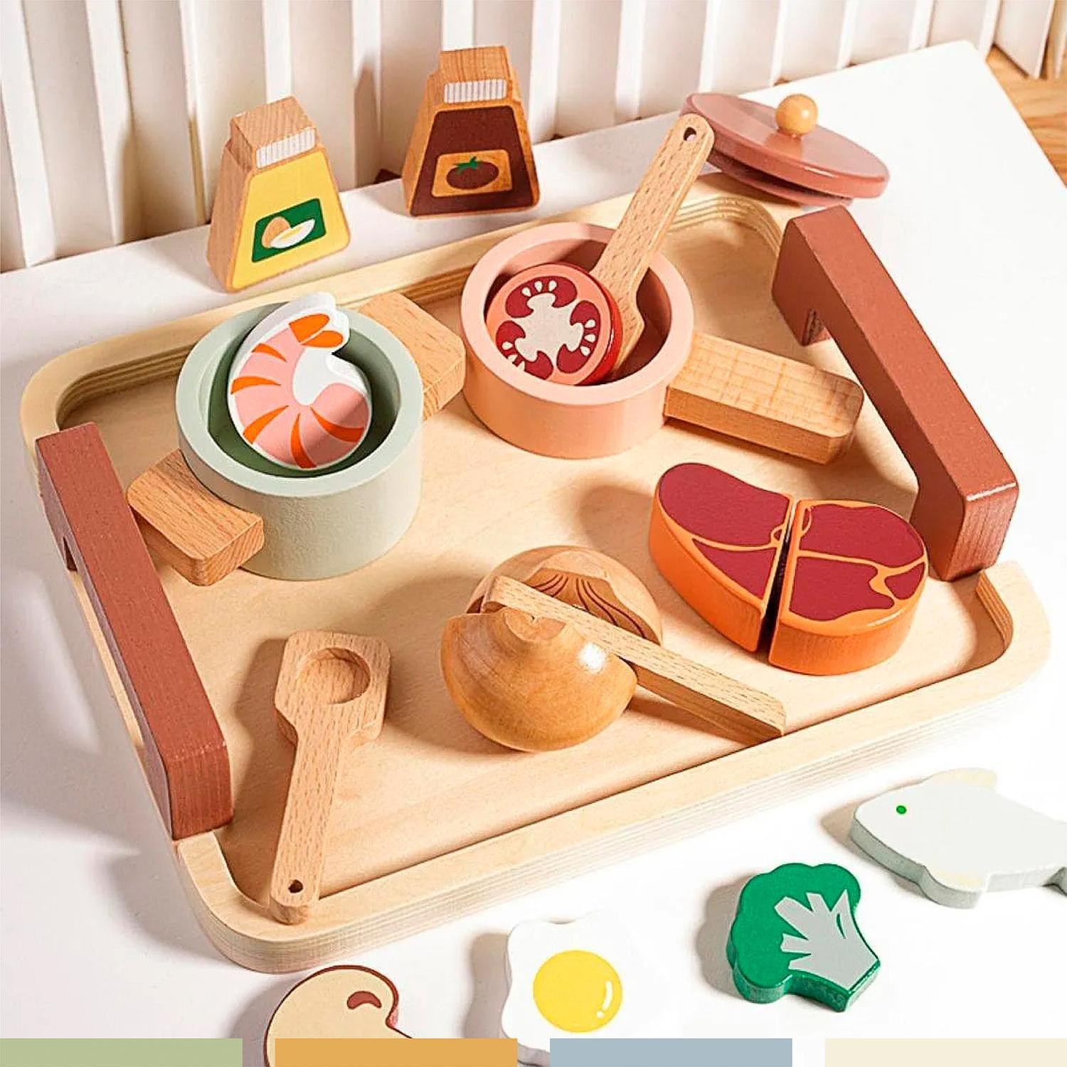 Set Juego Mini Cocina de Juguete Alimentos Madera Bandú-3