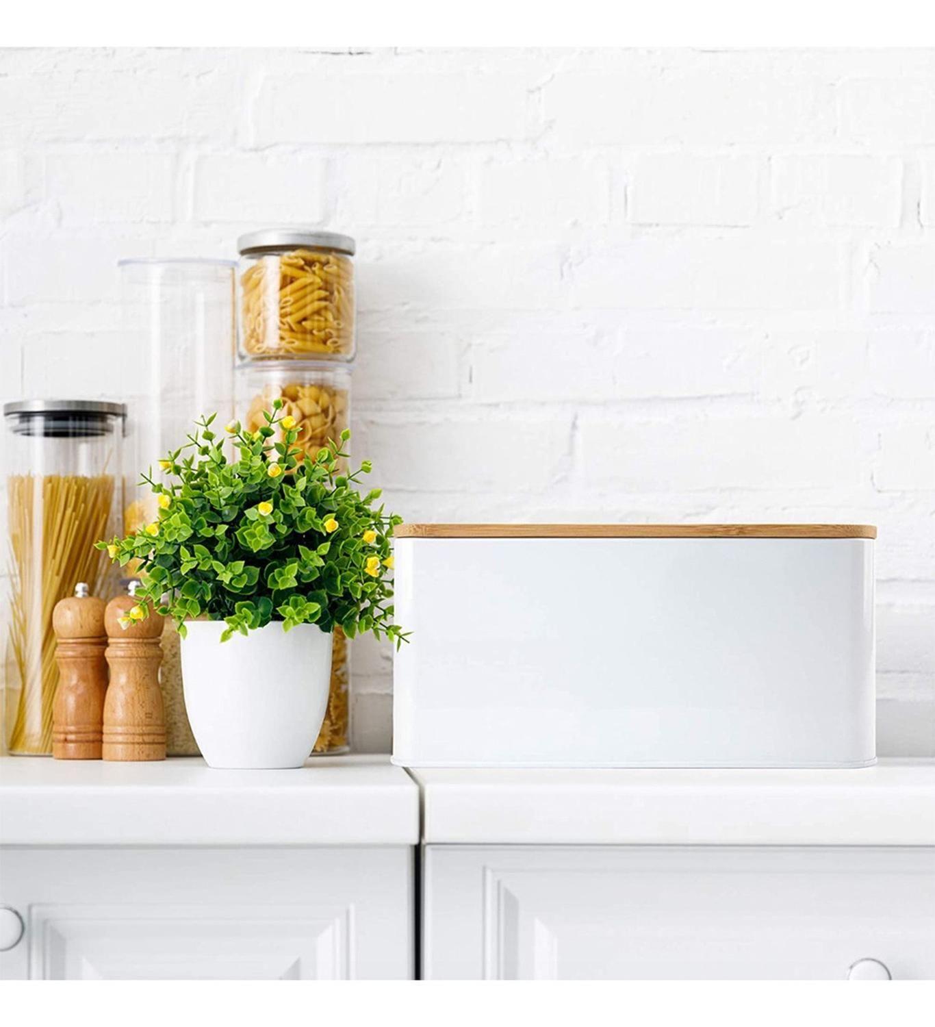 Panera Metálica con Tapa Bamboo Blanca Simplit-4