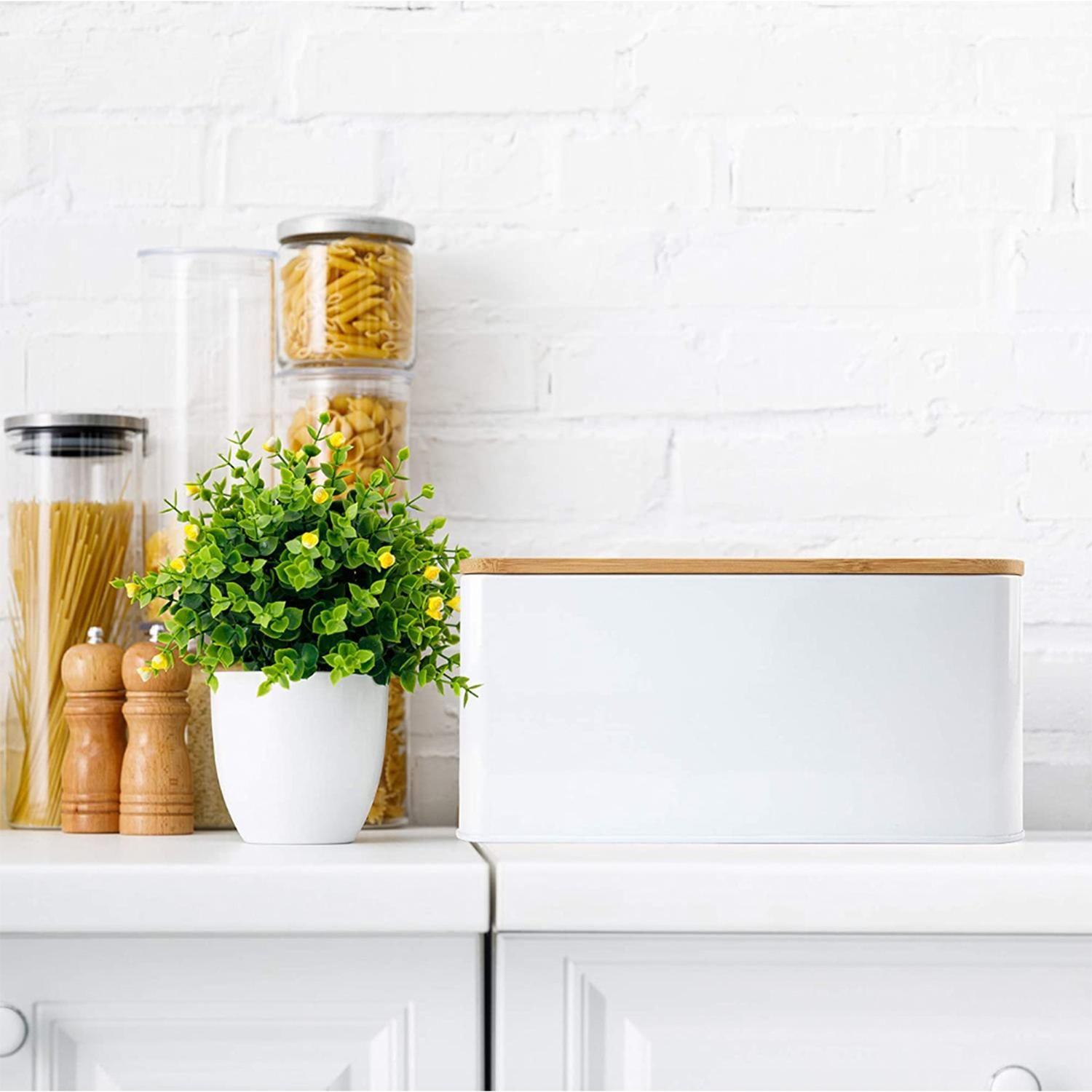 Panera Metálica con Tapa Bamboo Blanca Simplit-4