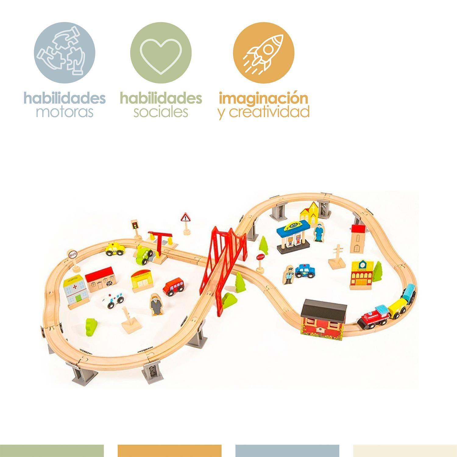 Pista de Autos y Tren de Madera Juego Didactico 70pcs Bandú-2