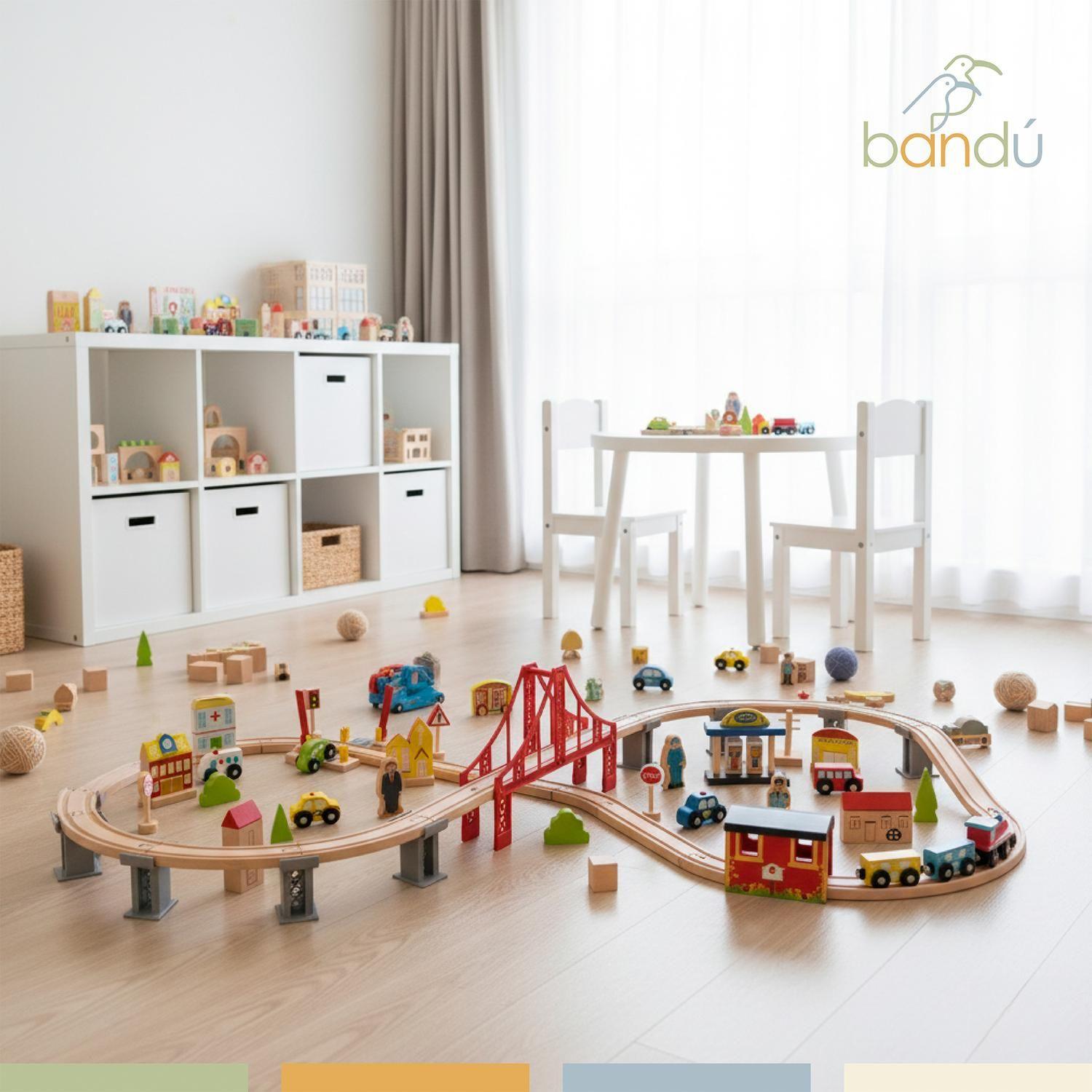 Pista de Autos y Tren de Madera Juego Didactico 70pcs Bandú-5