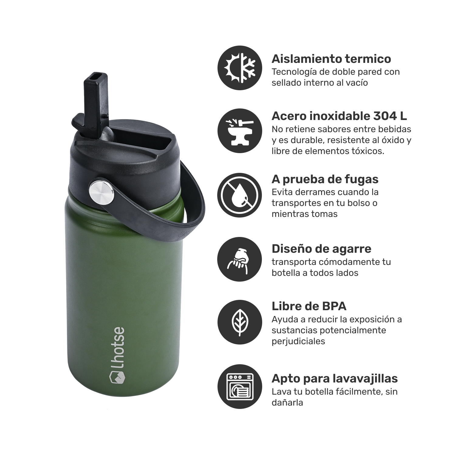 Botella Térmica Niño Hydro 360ml Verde + 2 Tapas Lhotse-1