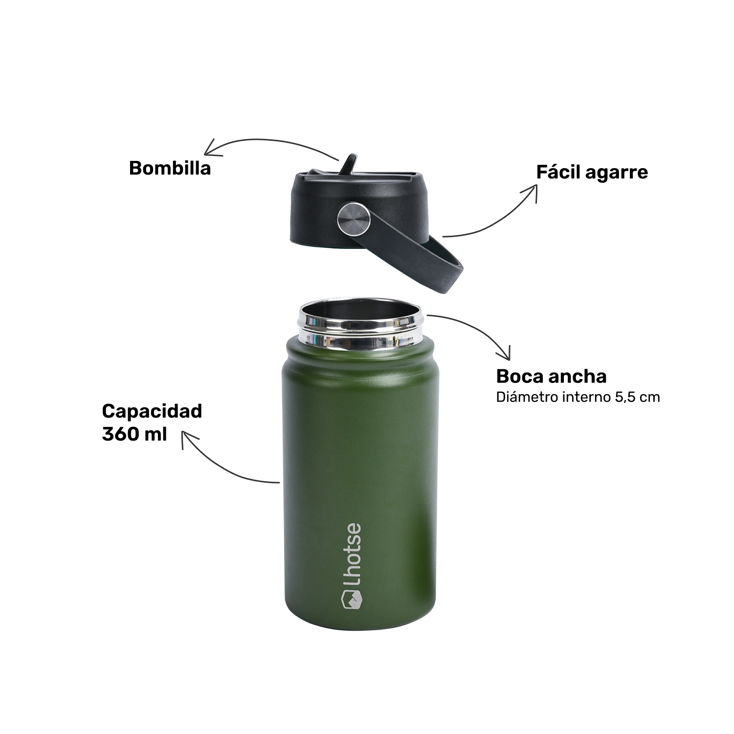 Botella Térmica Niño Hydro 360ml Verde + 2 Tapas Lhotse-2