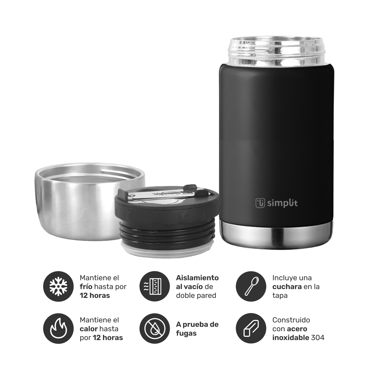 Termo de Comida Insulado Acero Inox 750 ml Negro Simplit-2