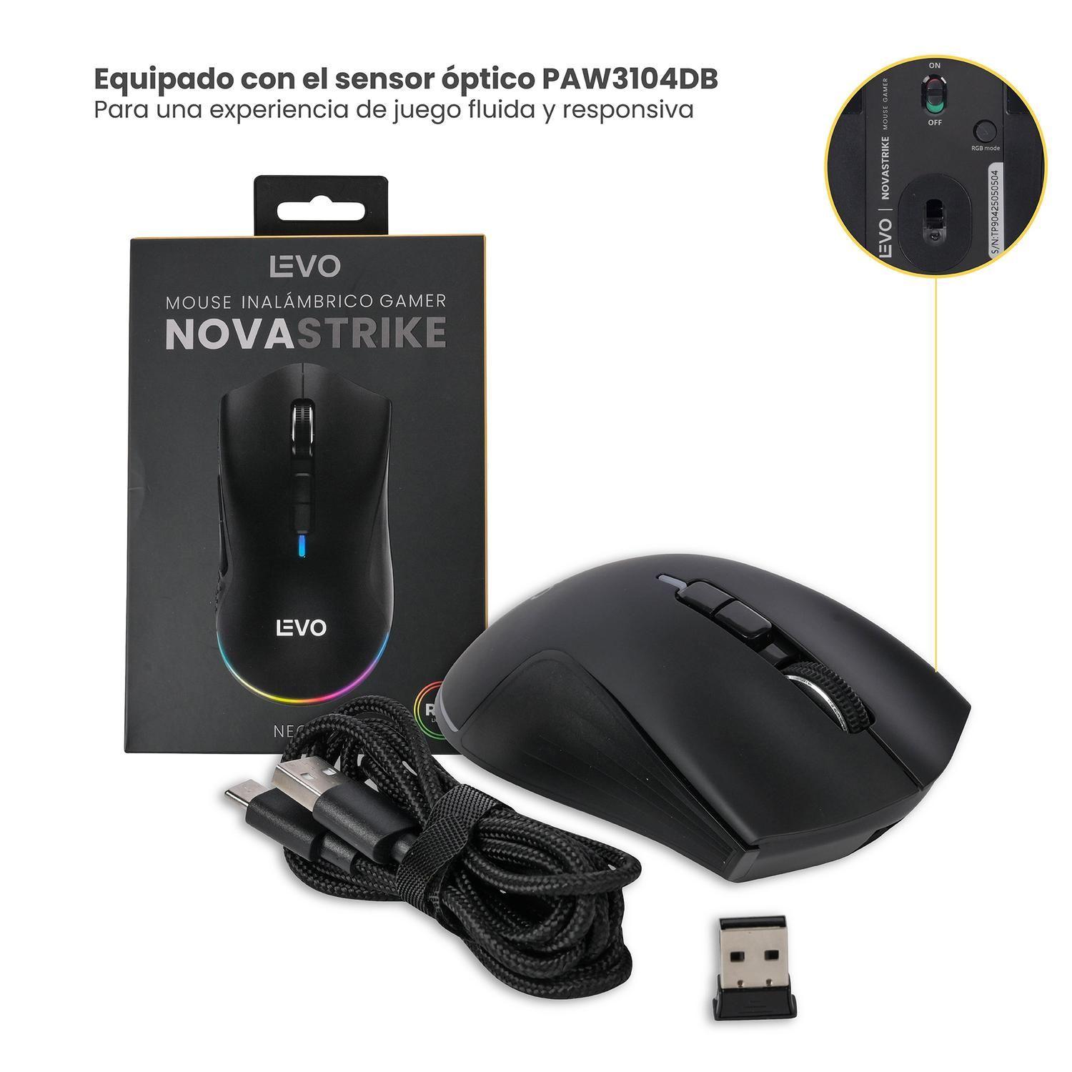 Mouse Gamer Inalambrico RGB NovaStrike Negro LEVO-7