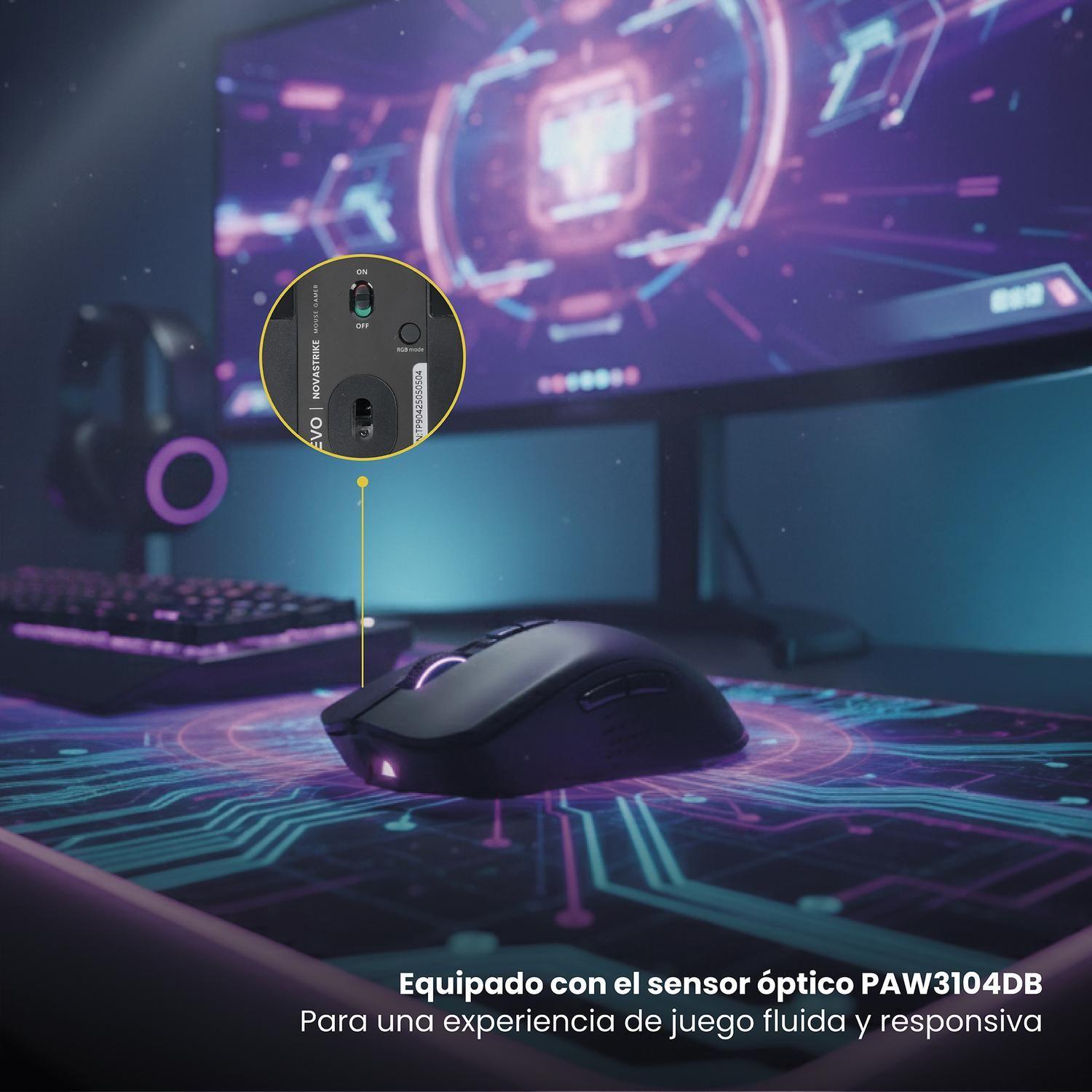 Mouse Gamer Inalambrico RGB NovaStrike Negro LEVO-7