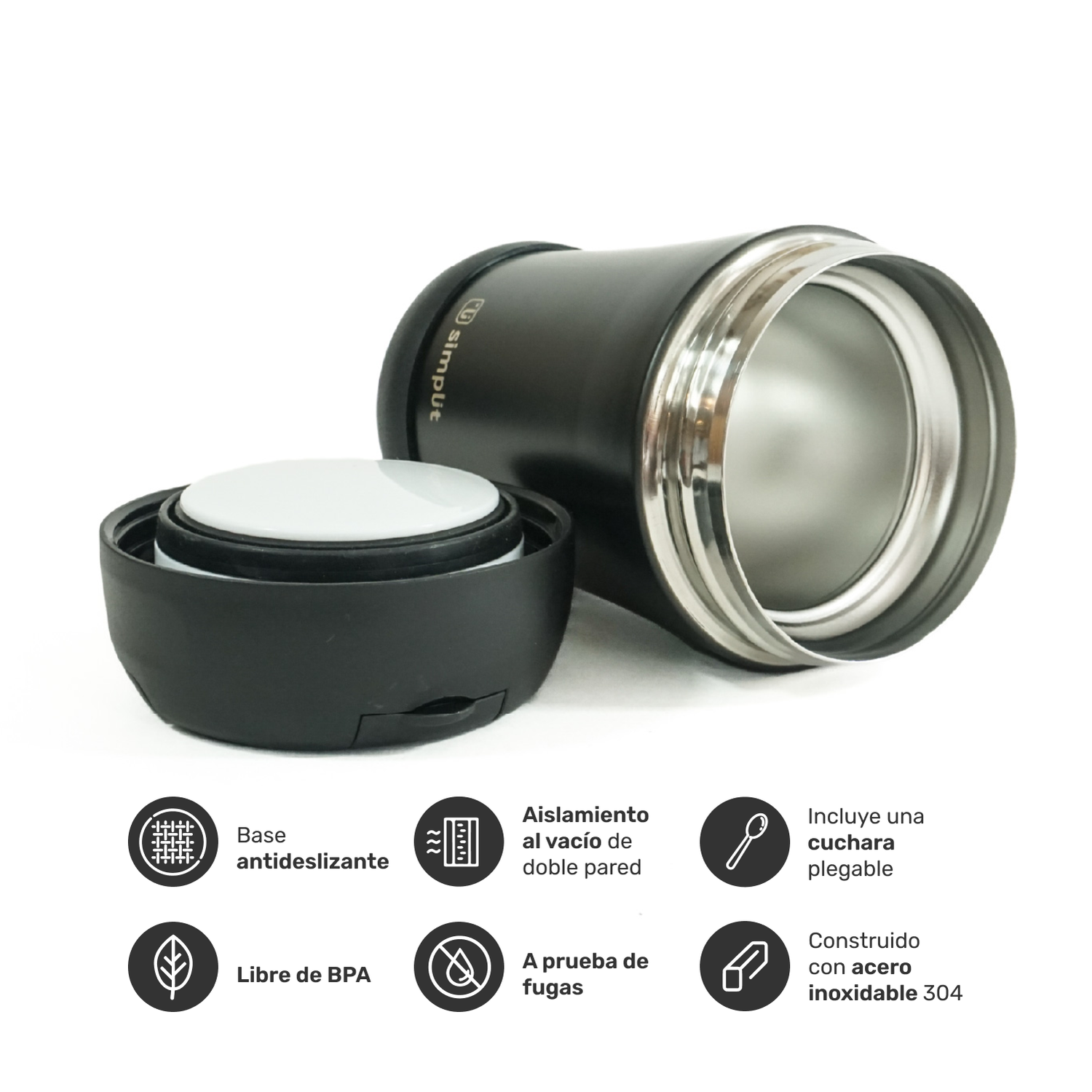 Termo Comida 400ml Negro Cuchara Acero Inox Simplit-2