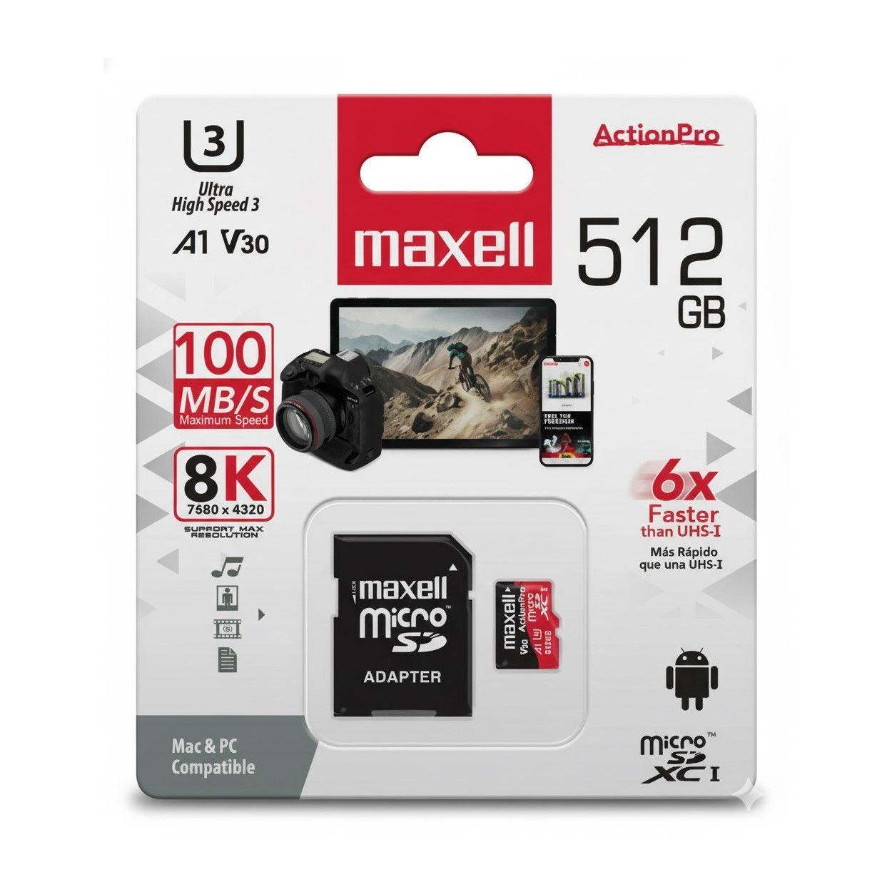 Tarjeta MicroSD Maxell 512GB UH-3 8K 100mb V30-3