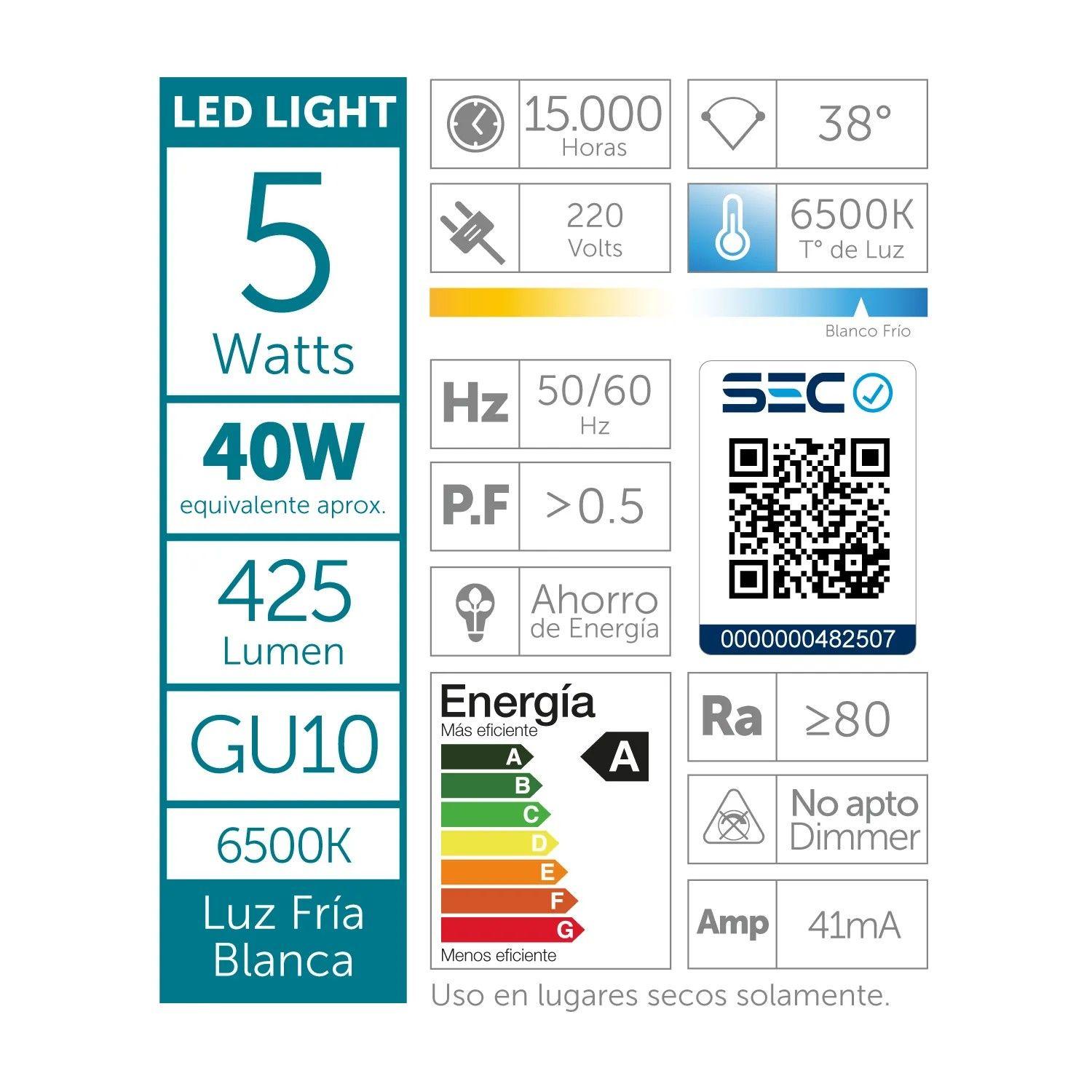 Pack 4 Ampolletas Led Macrotel GU10 5w 6500K Luz Fría-2