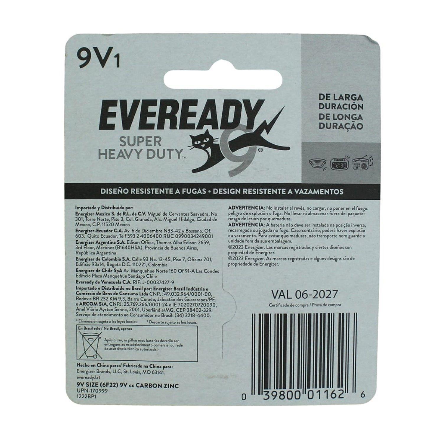 Batería Pila 9V Carbón Zinc Super Heavy Duty Eveready-3