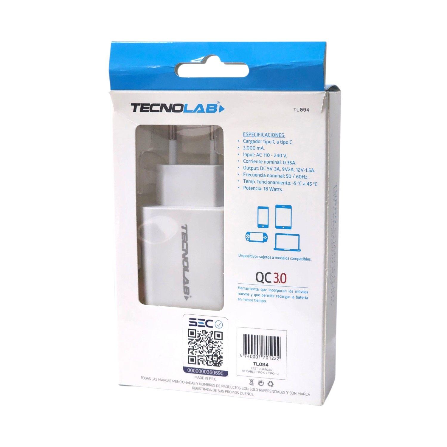 Cargador Rápido 3.0 18W + Cable USB-C a USB-C TL094 Tecnolab-3