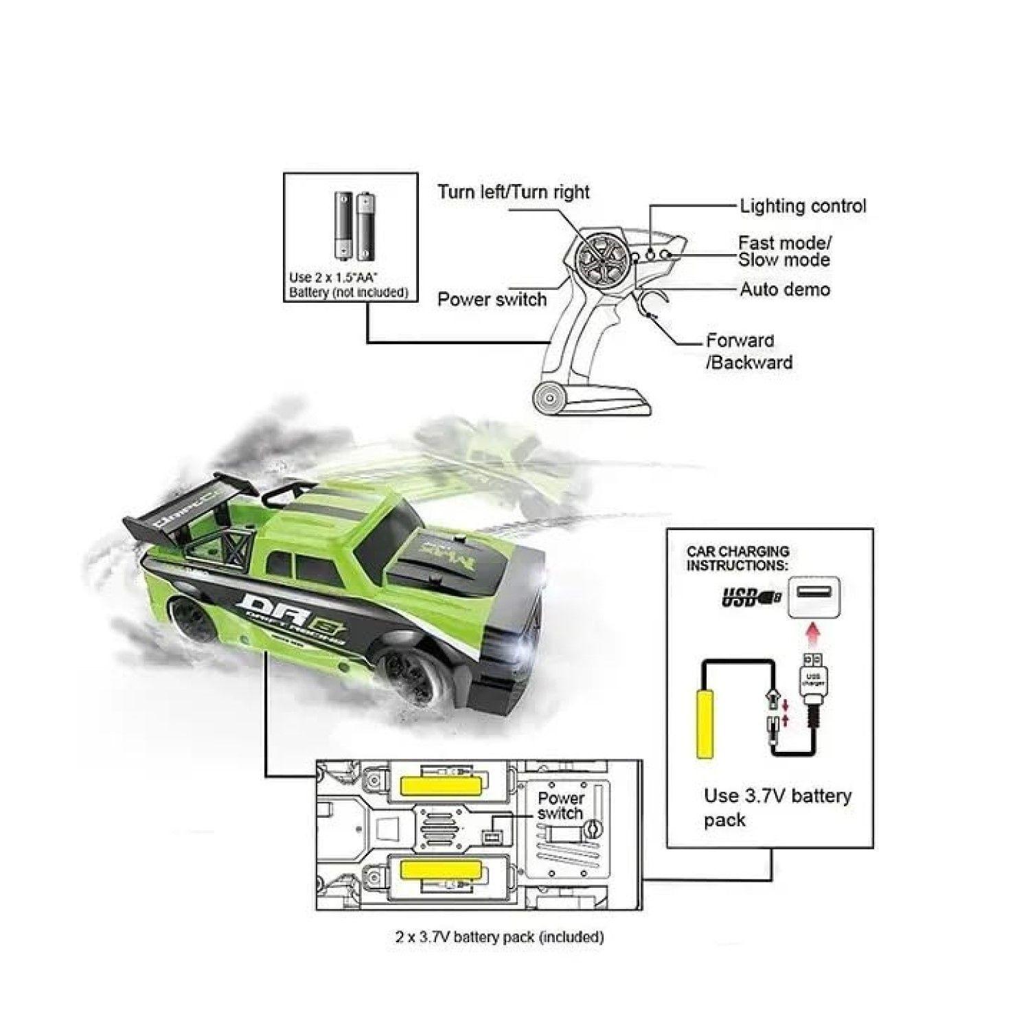 Auto Control Remoto Drift 4 Canales Luces Led DBG1599G Verde-6