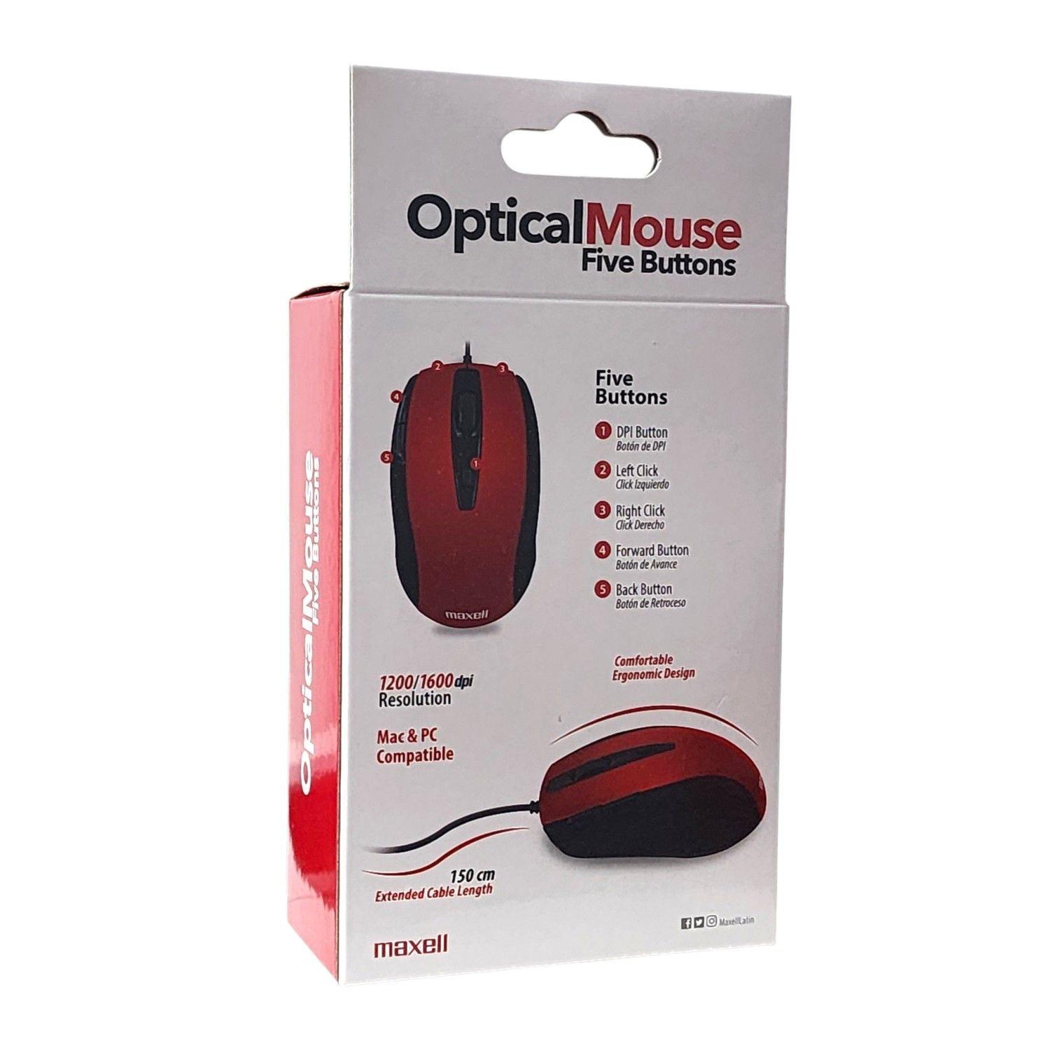 Mouse Óptico 5 Botones Con Cable USB MOWR-105 Maxell Rojo-3