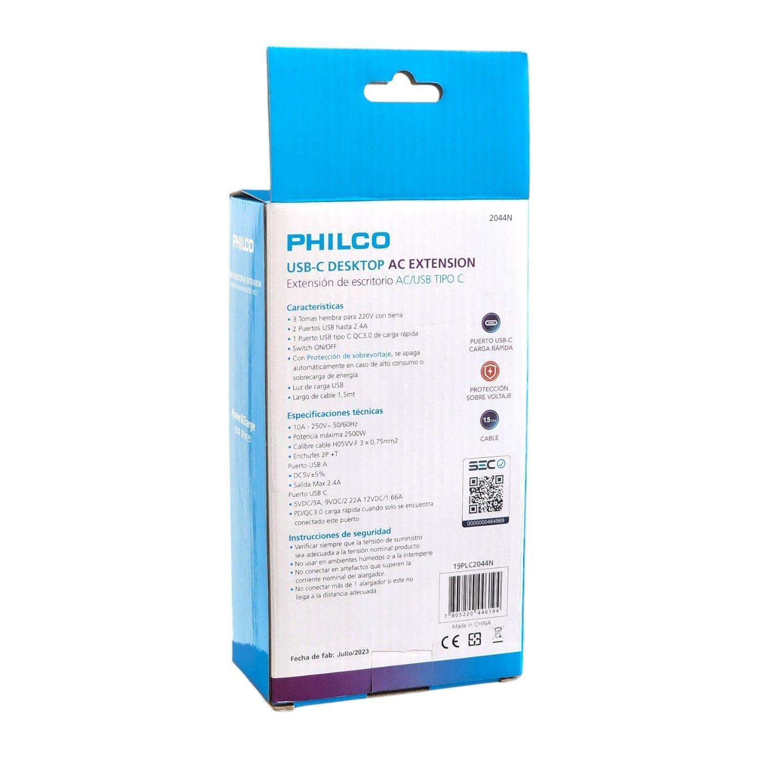 Alargador Extensión Philco 3 POS 2 USB 1 Tipo C Negro-4