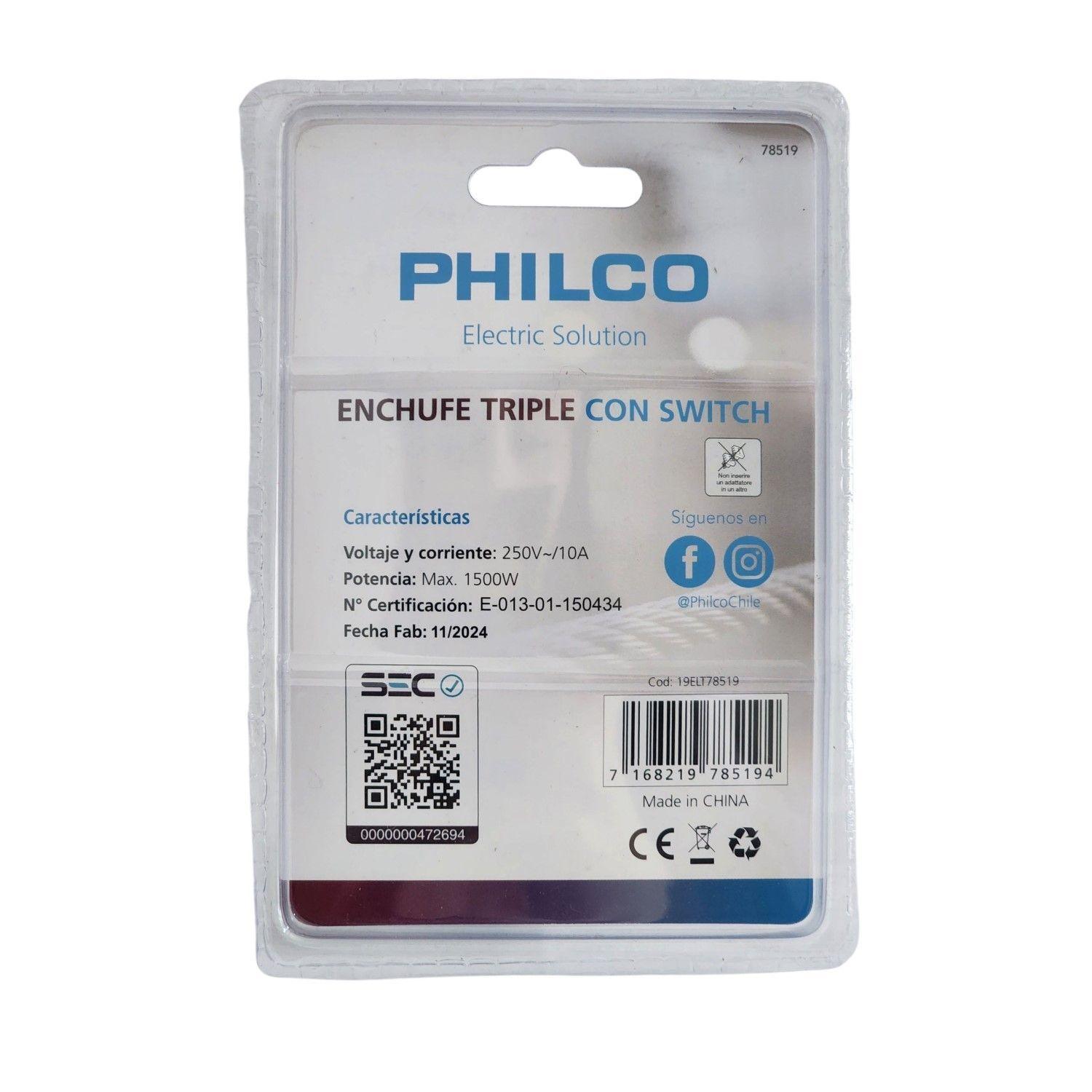 Enchufe Triple Philco 250V 10A con Switch 3 Tomas 78519-4