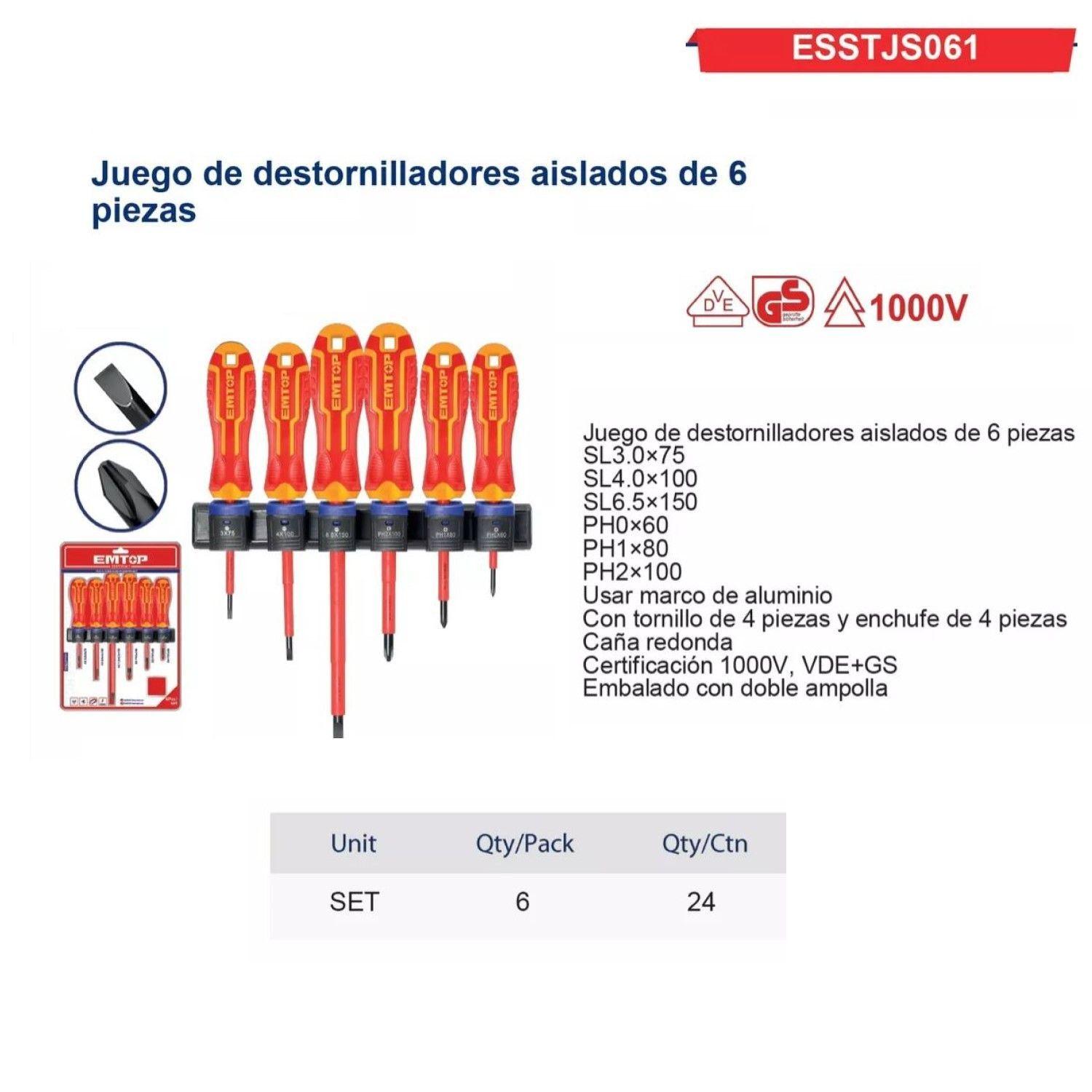 Kit 6 Destornilladores Aislados 1000v Emtop ESSTJS061-1