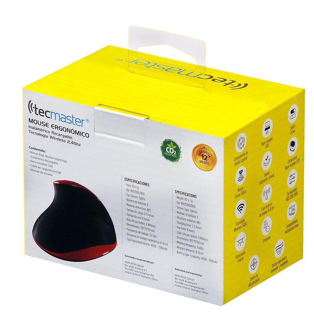 Mouse Ergonómico Tecmaster Inalámbrico Recargable Negro/Rojo-5