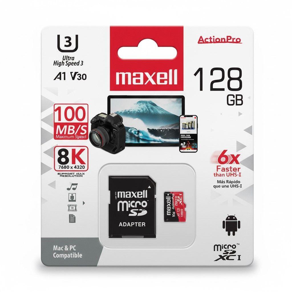 Tarjeta MicroSD Maxell 128GB UH-3 8K 100mb V30-2