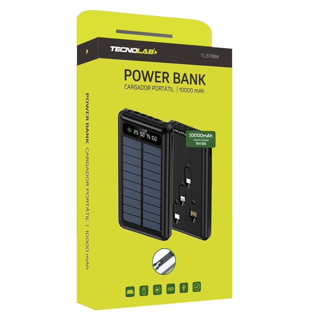 Batería Portátil Solar Power Bank 10.000 Mha Tecnolab TL570BK-4