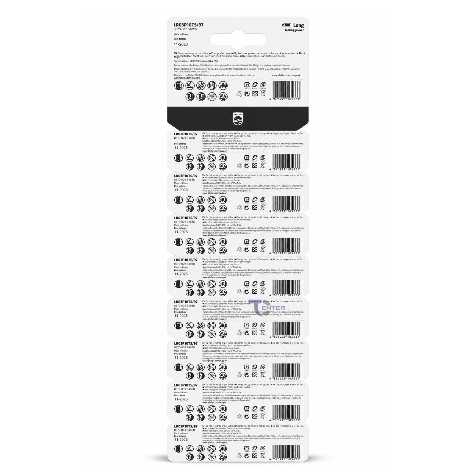 Pack 10 Pilas Alcalinas AAA Philips Power Alcaline LR03 1.5v-2