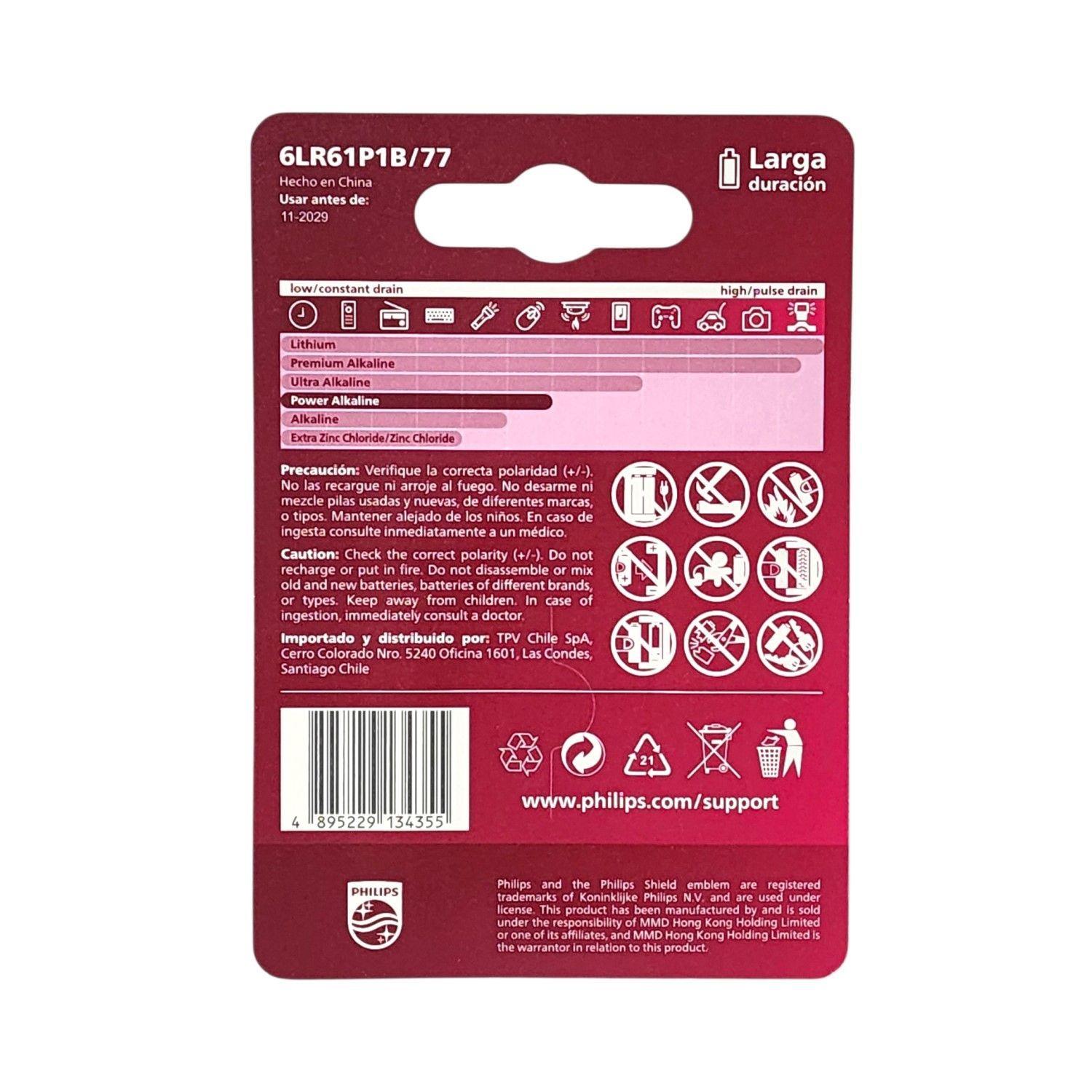 Batería Pila 9v 6LR61P1B Alcalina Philips-5