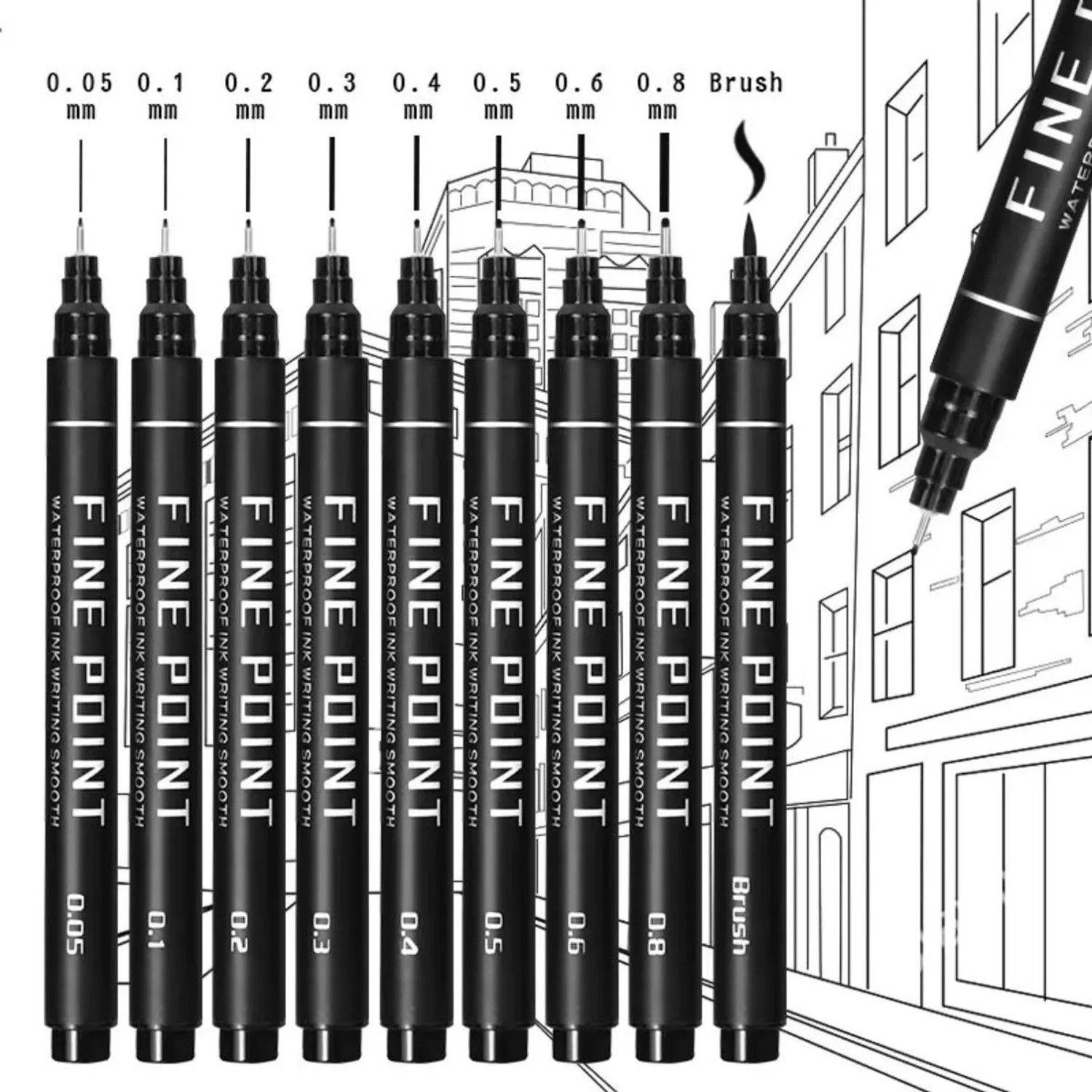 Set 9 Tiralíneas De Tinta Pigmentada Negra   8 Puntas-2