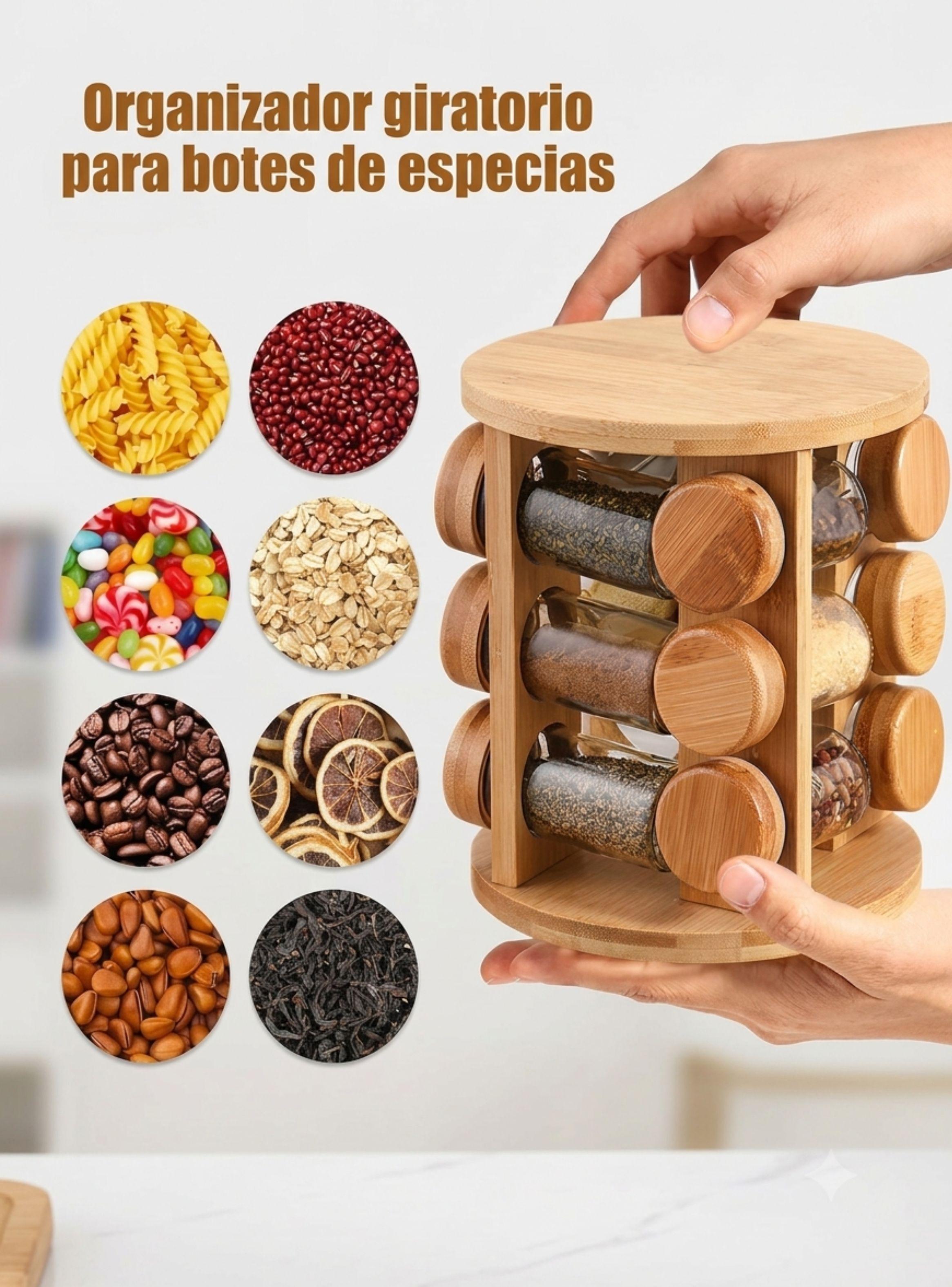Especiero Giratorio Torre Bambú 12 Frascos Cocina Organizador-4