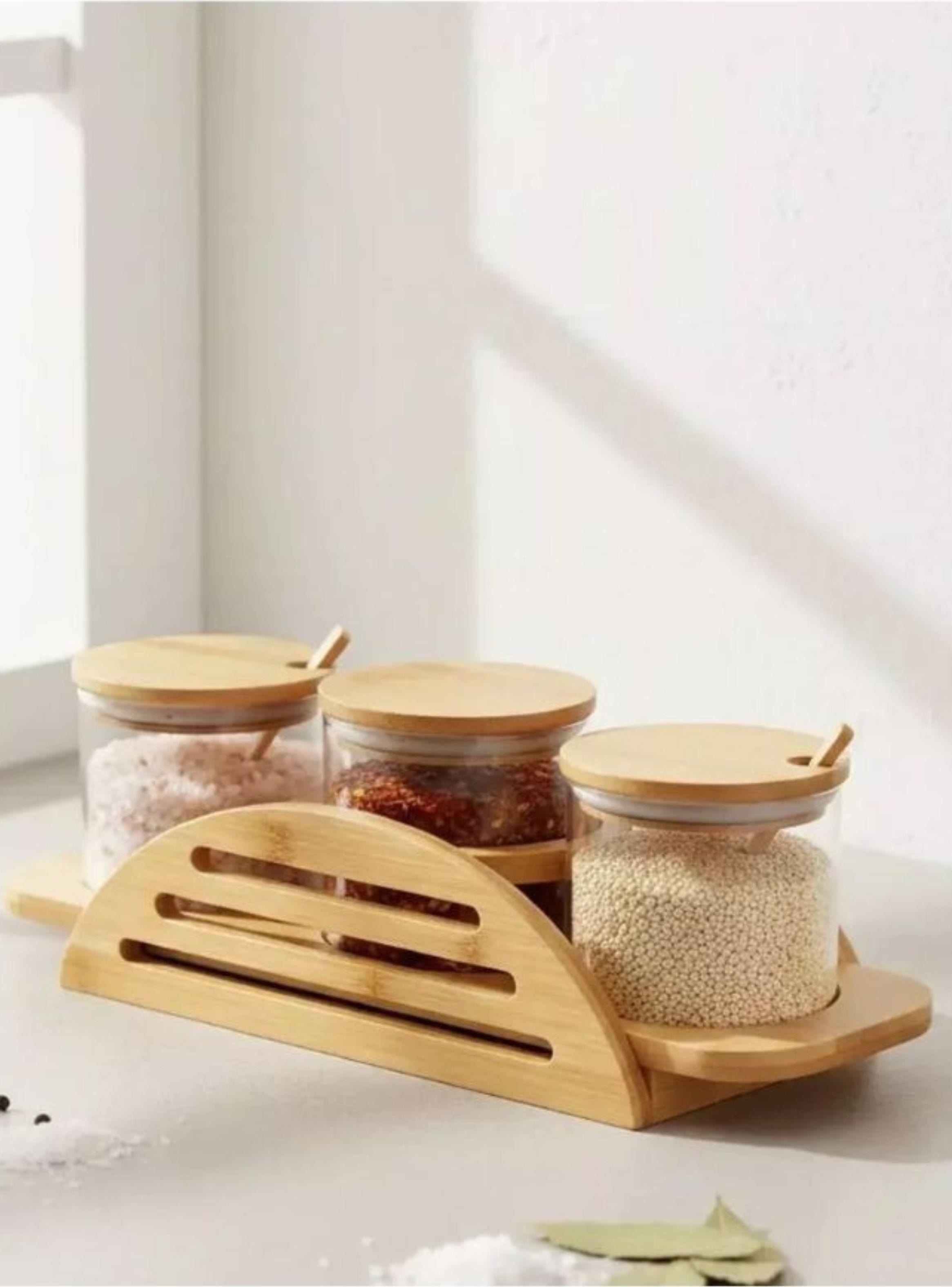  Set Especiero 3 Frascos  Soporte Bambú-3