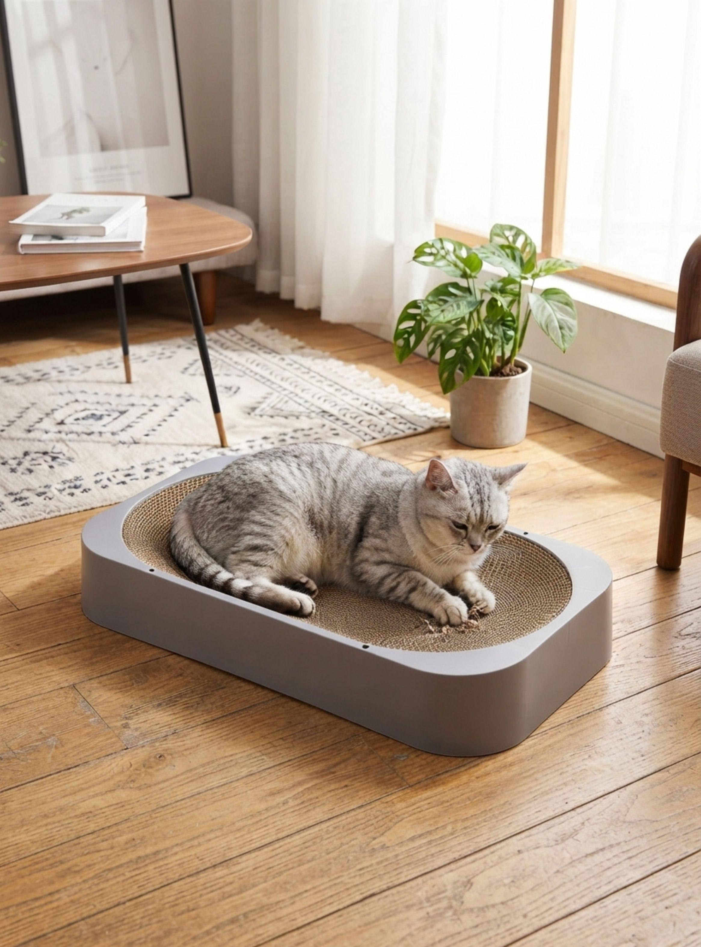 Rascador Para Gatos Con Base Ovalada Cartón Corrugado Gris-2