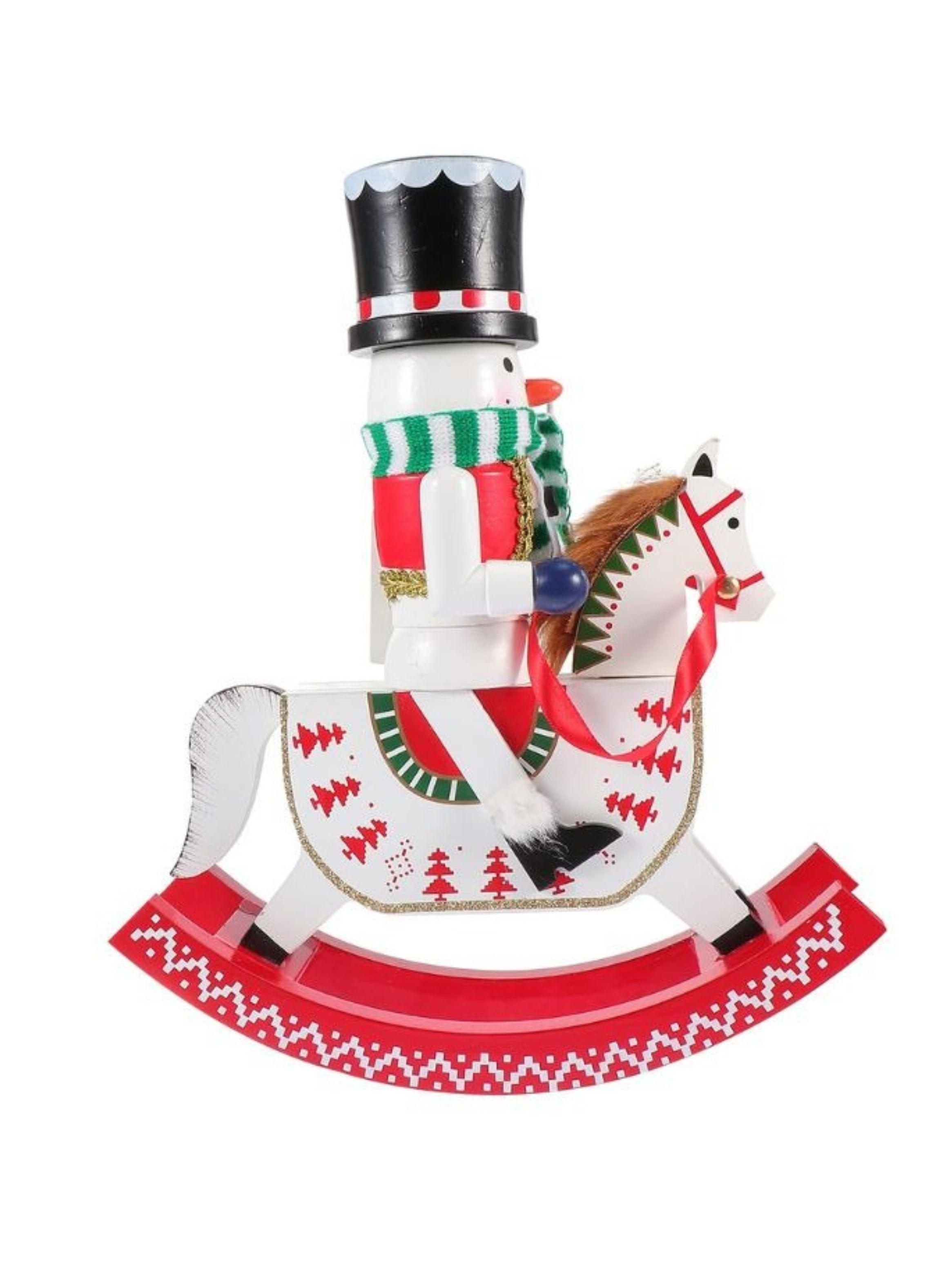  Cascanueces Muñeco De Nieve Con Caballo Balancín Madera 30 Cm-0