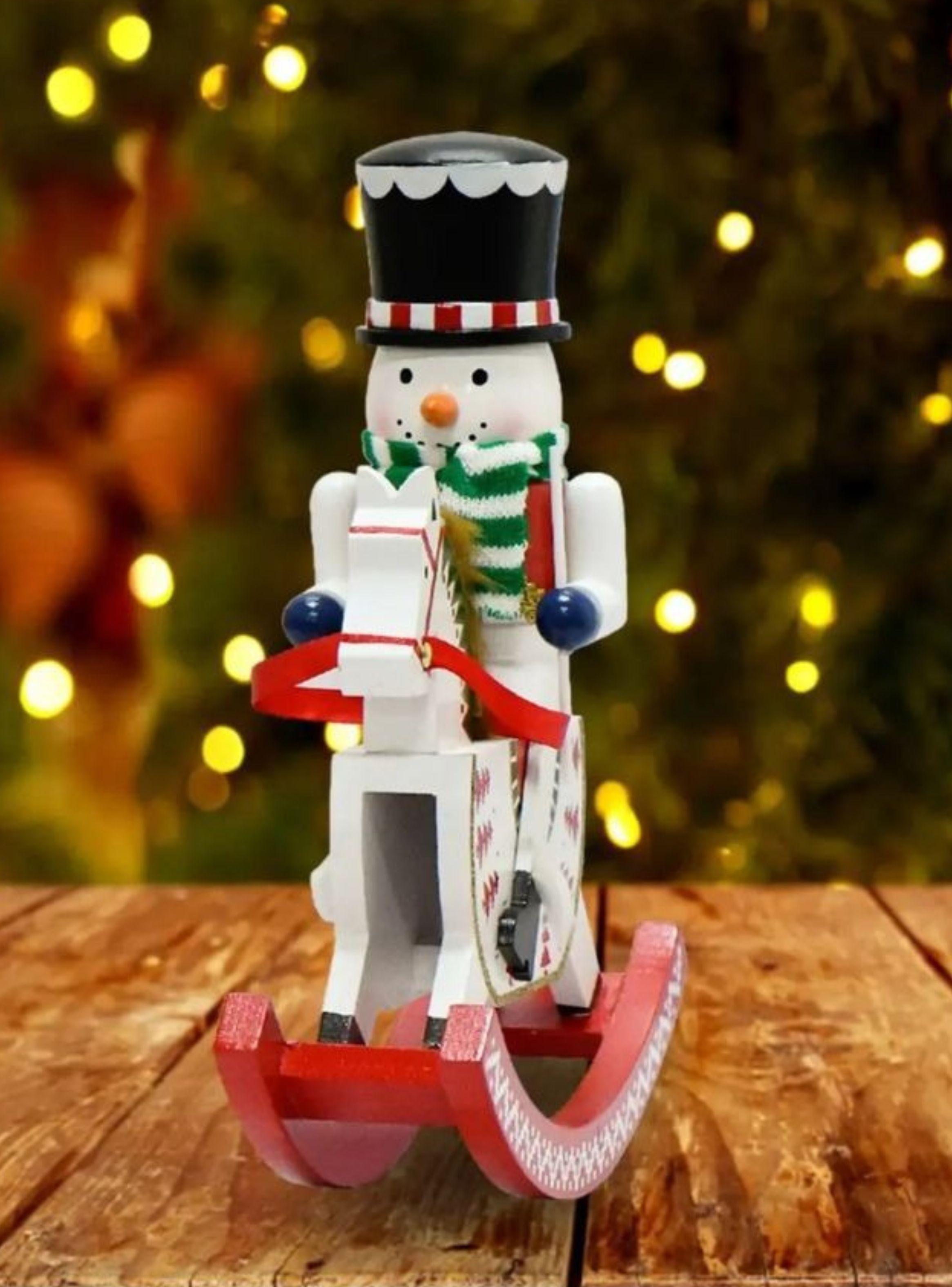  Cascanueces Muñeco De Nieve Con Caballo Balancín Madera 30 Cm-3