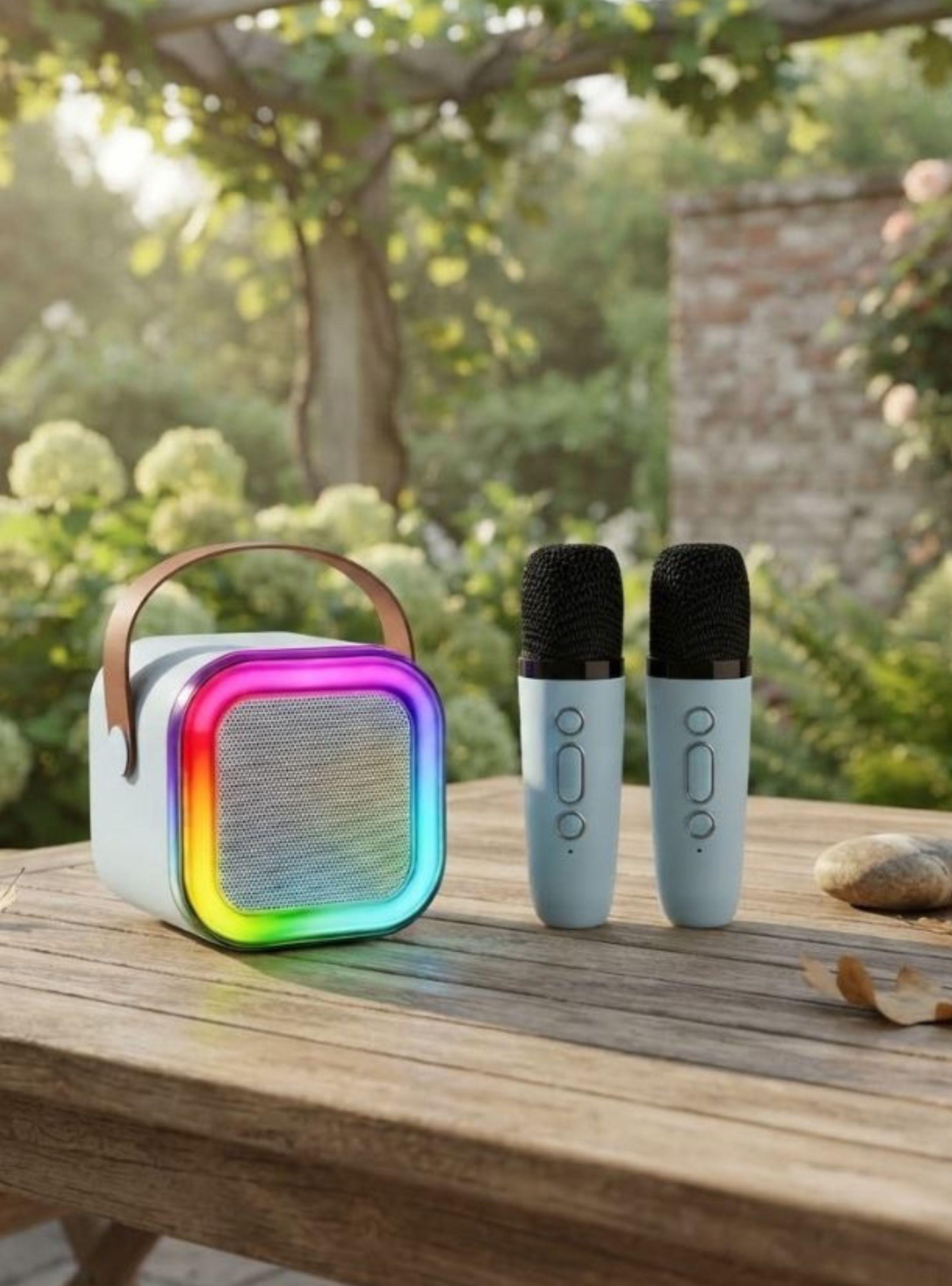 Mini Karaoke Bluetooth Con 2 Micr fonos Inal mbricos Luces LED Azul-2