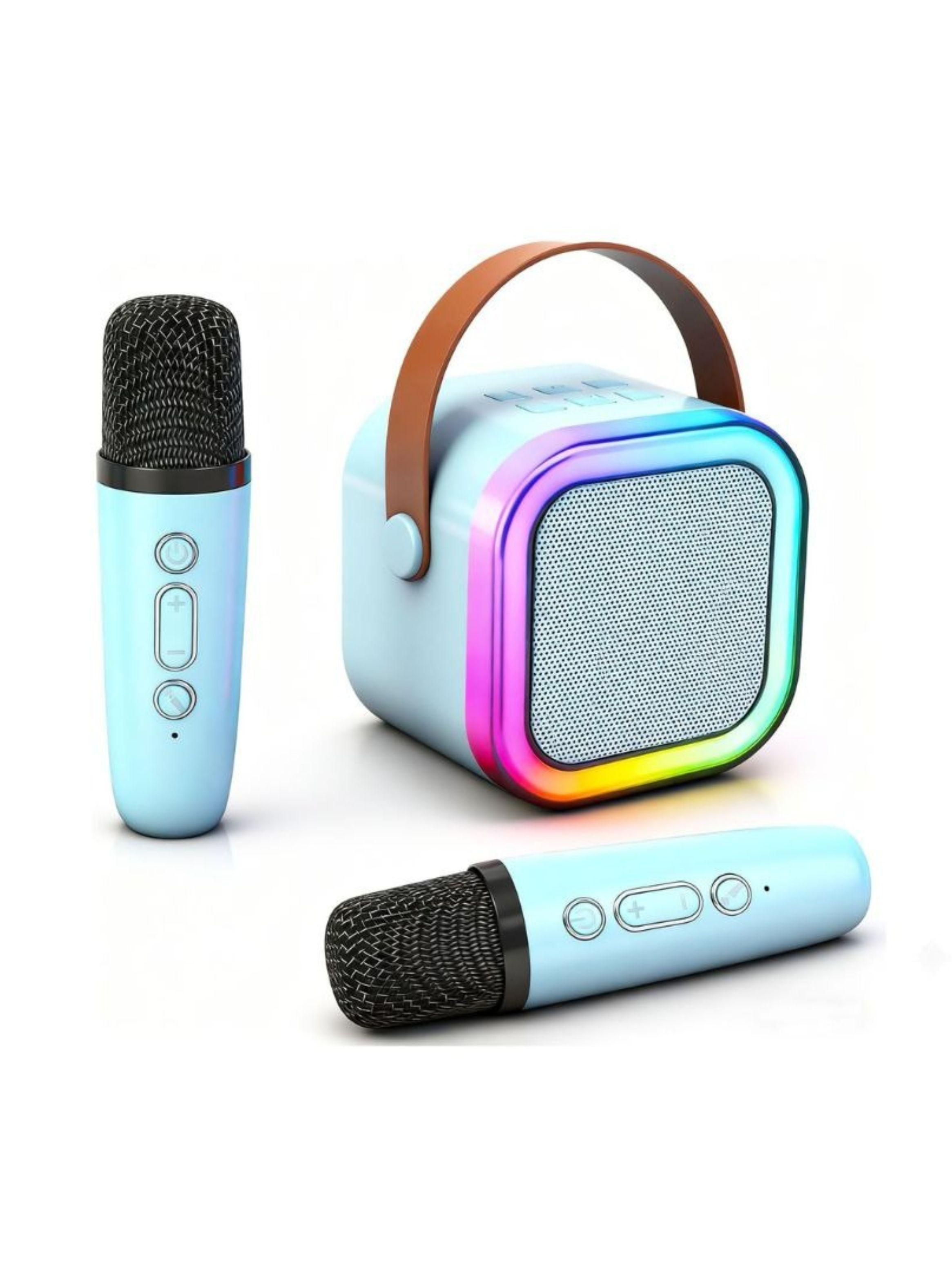 Mini Karaoke Bluetooth Con 2 Micr fonos Inal mbricos Luces LED Azul-3