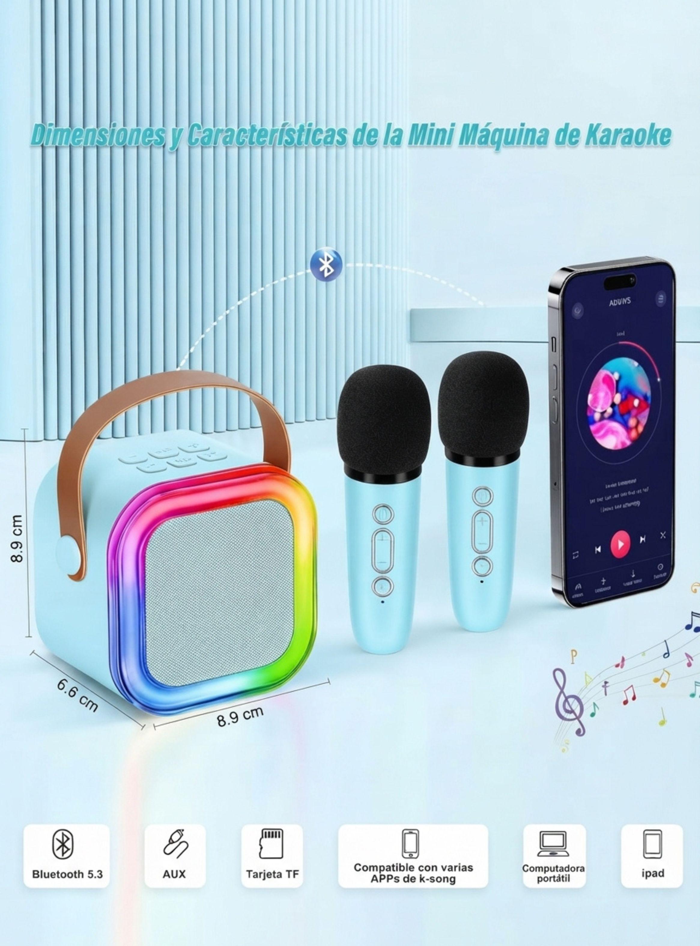 Mini Karaoke Bluetooth Con 2 Micr fonos Inal mbricos Luces LED Azul-4