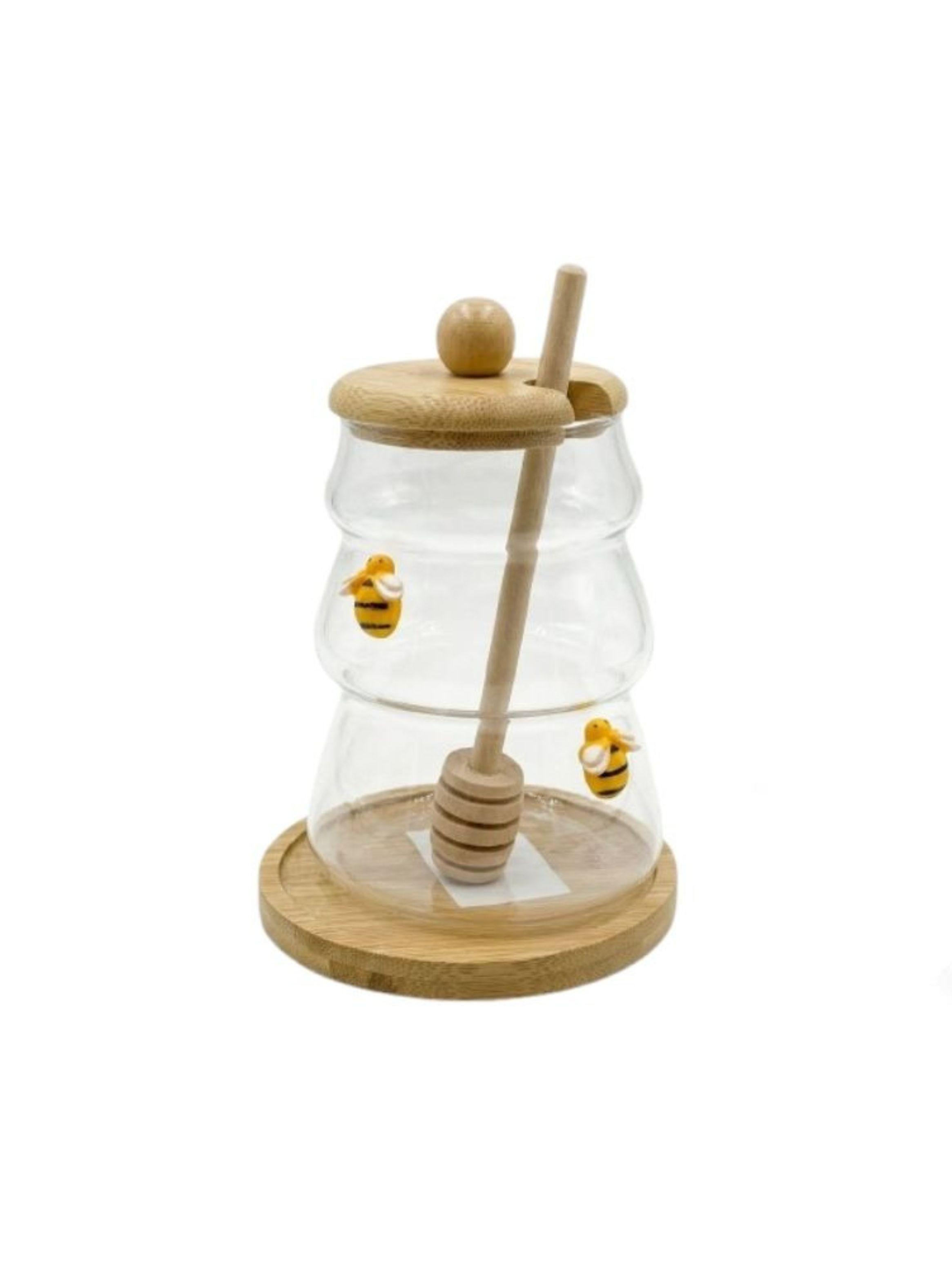  Frasco Miel Vidrio Forma Colmena Tapa Base Bambú Dipper Abejas Decorativas-0