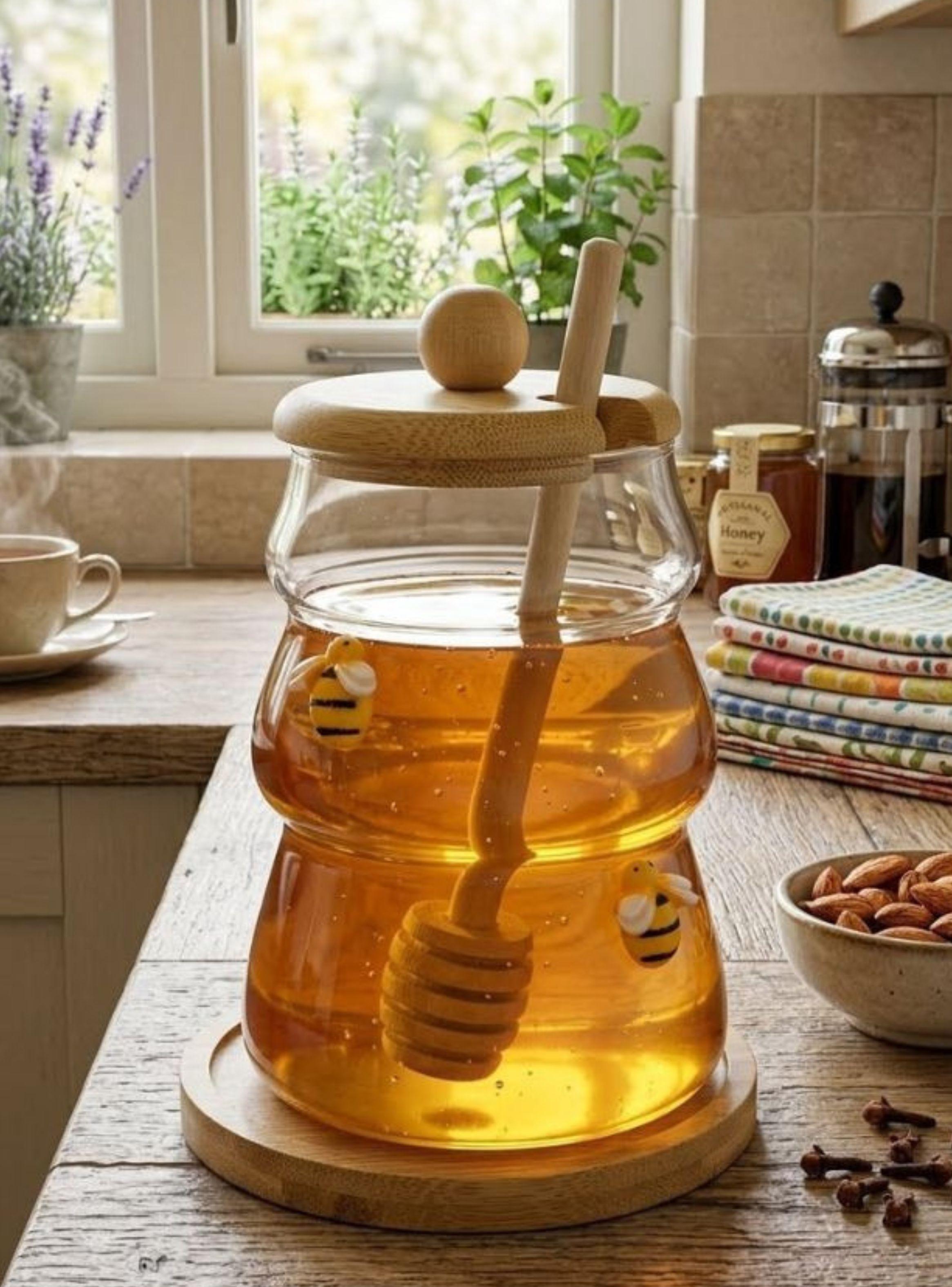  Frasco Miel Vidrio Forma Colmena Tapa Base Bambú Dipper Abejas Decorativas-1