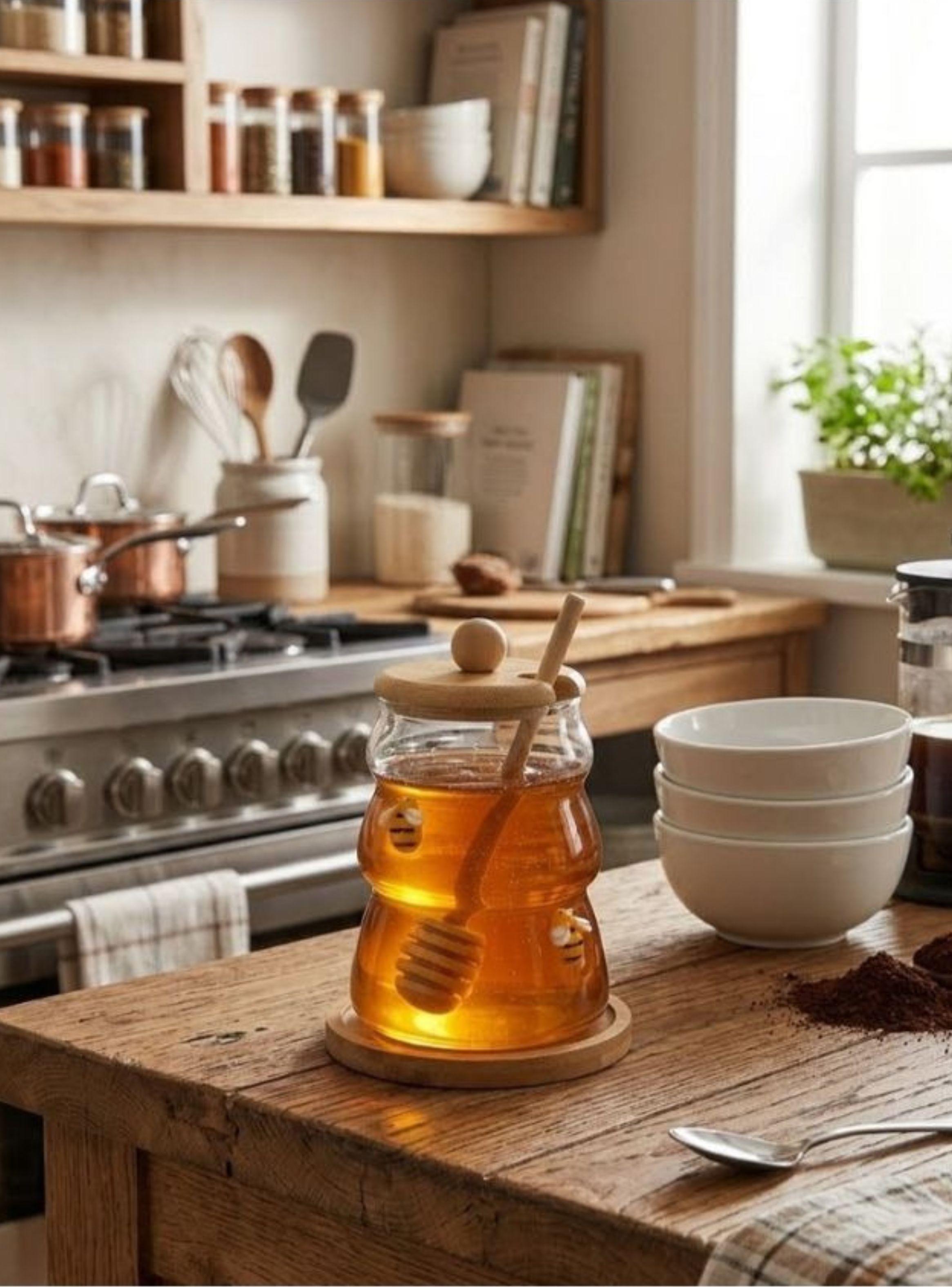  Frasco Miel Vidrio Forma Colmena Tapa Base Bambú Dipper Abejas Decorativas-2