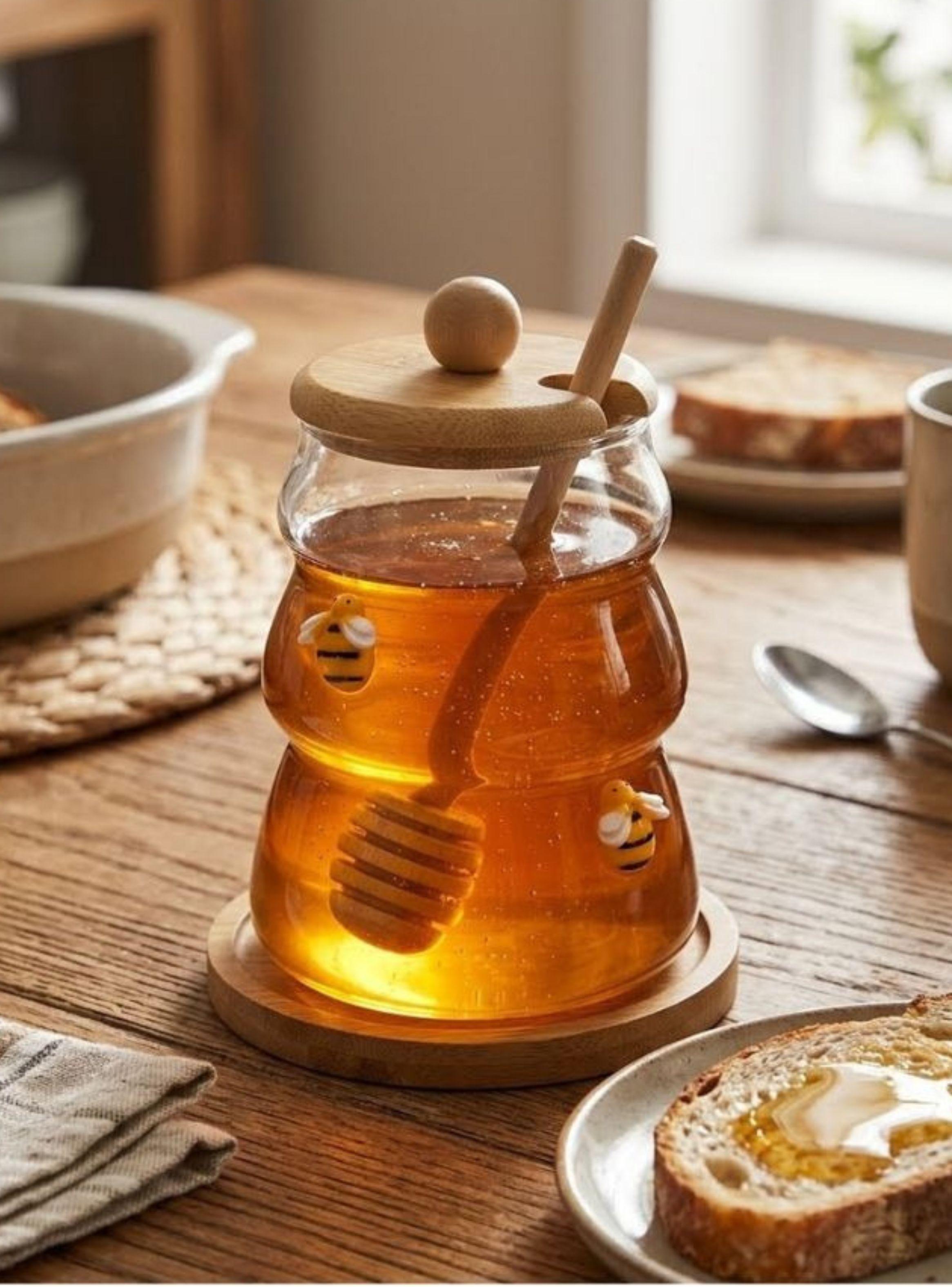  Frasco Miel Vidrio Forma Colmena Tapa Base Bambú Dipper Abejas Decorativas-4