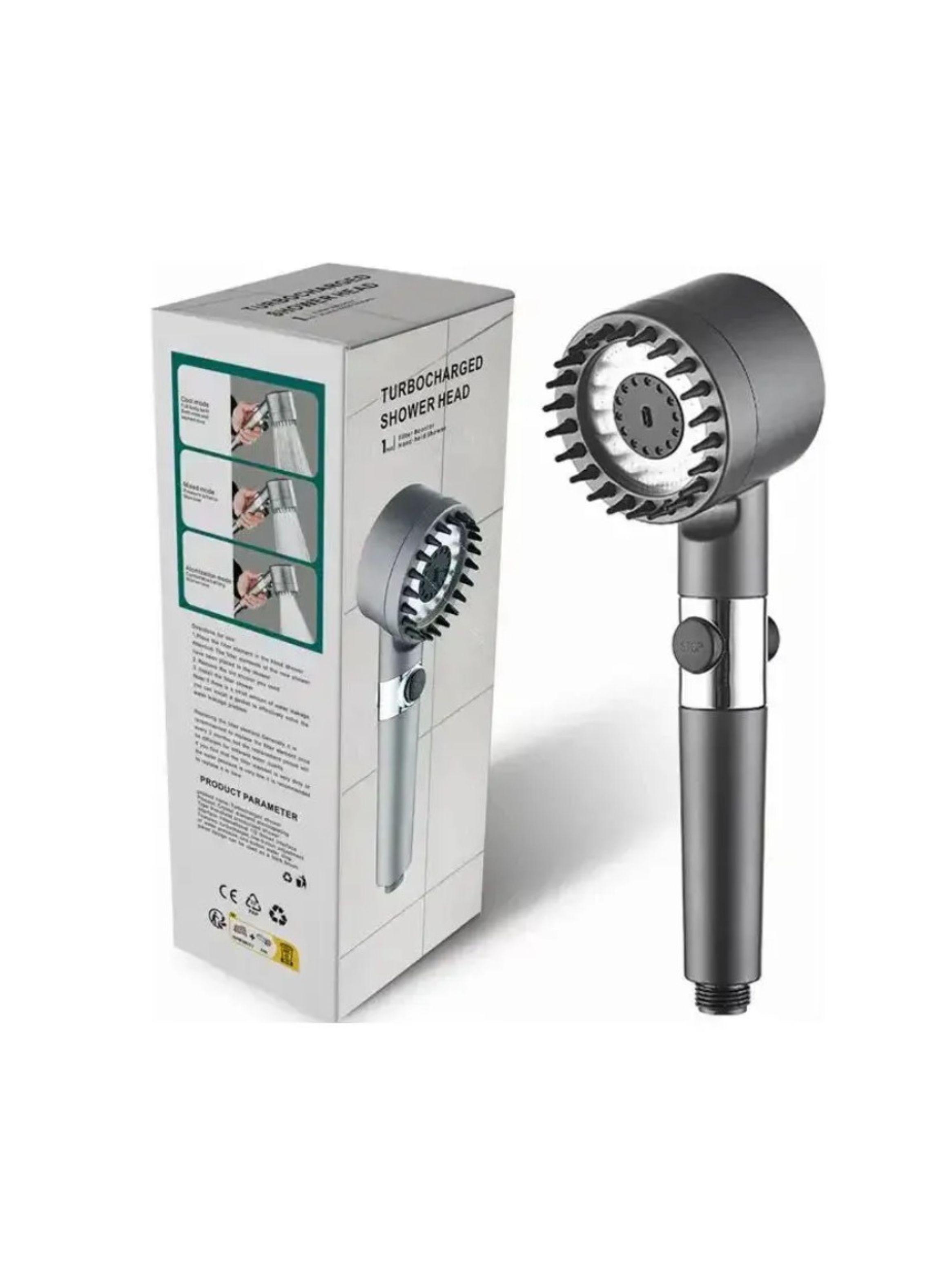 Cabezal Ducha Turbo Alta Presión 4 Modos Filtro Masajeador Con Manguera Gris -0