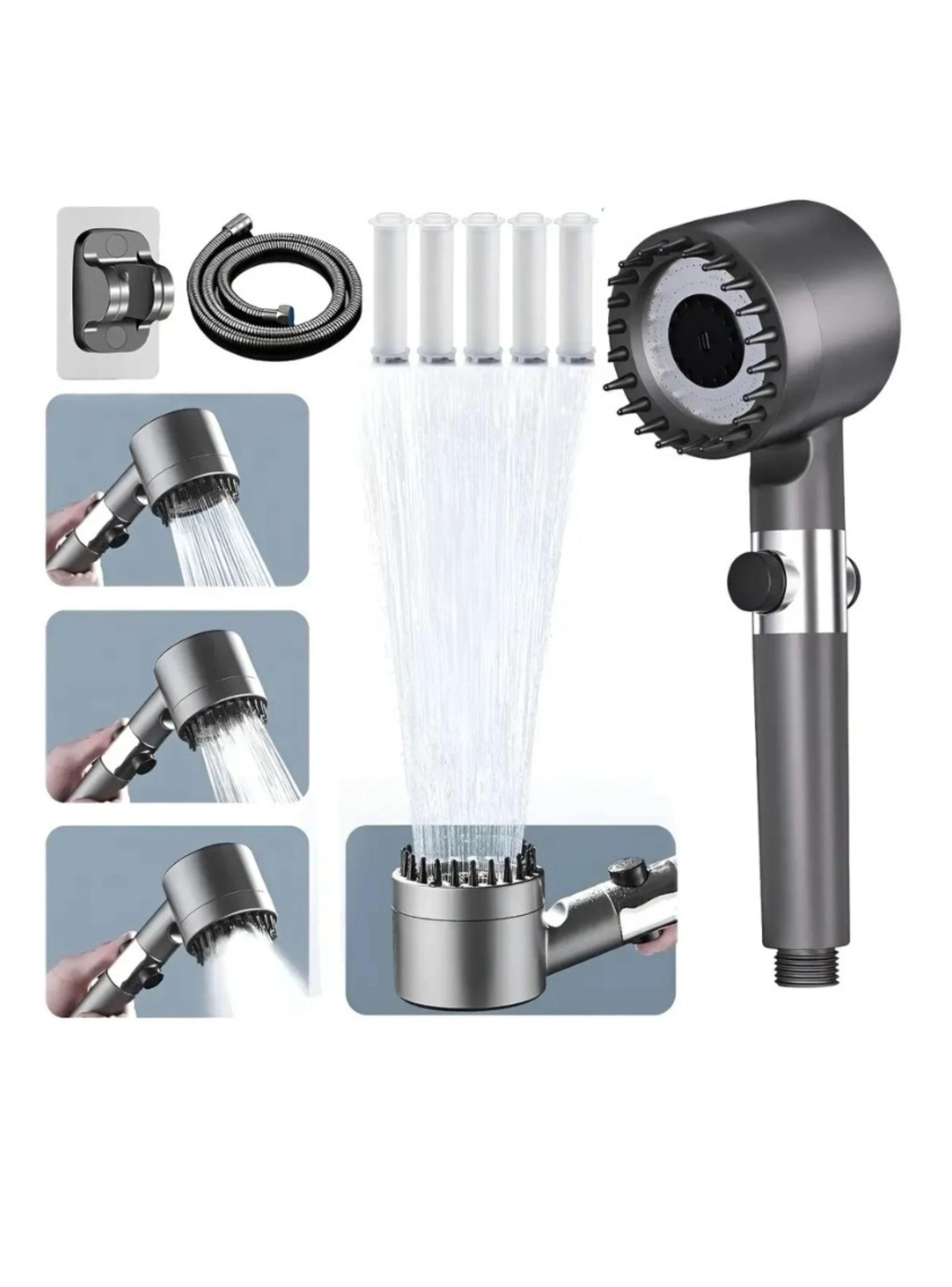 Cabezal Ducha Turbo Alta Presión 4 Modos Filtro Masajeador Con Manguera Gris -2