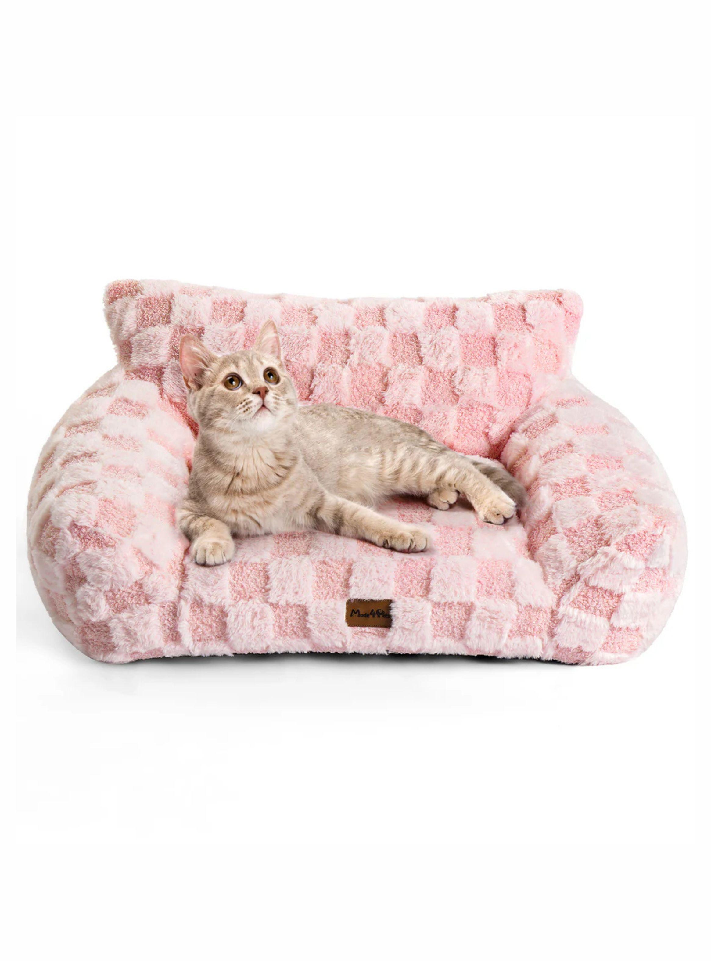 Cama Sofá Para Perros Y Gatos Diseño Cuadros Rosa Lavable Talla M-5