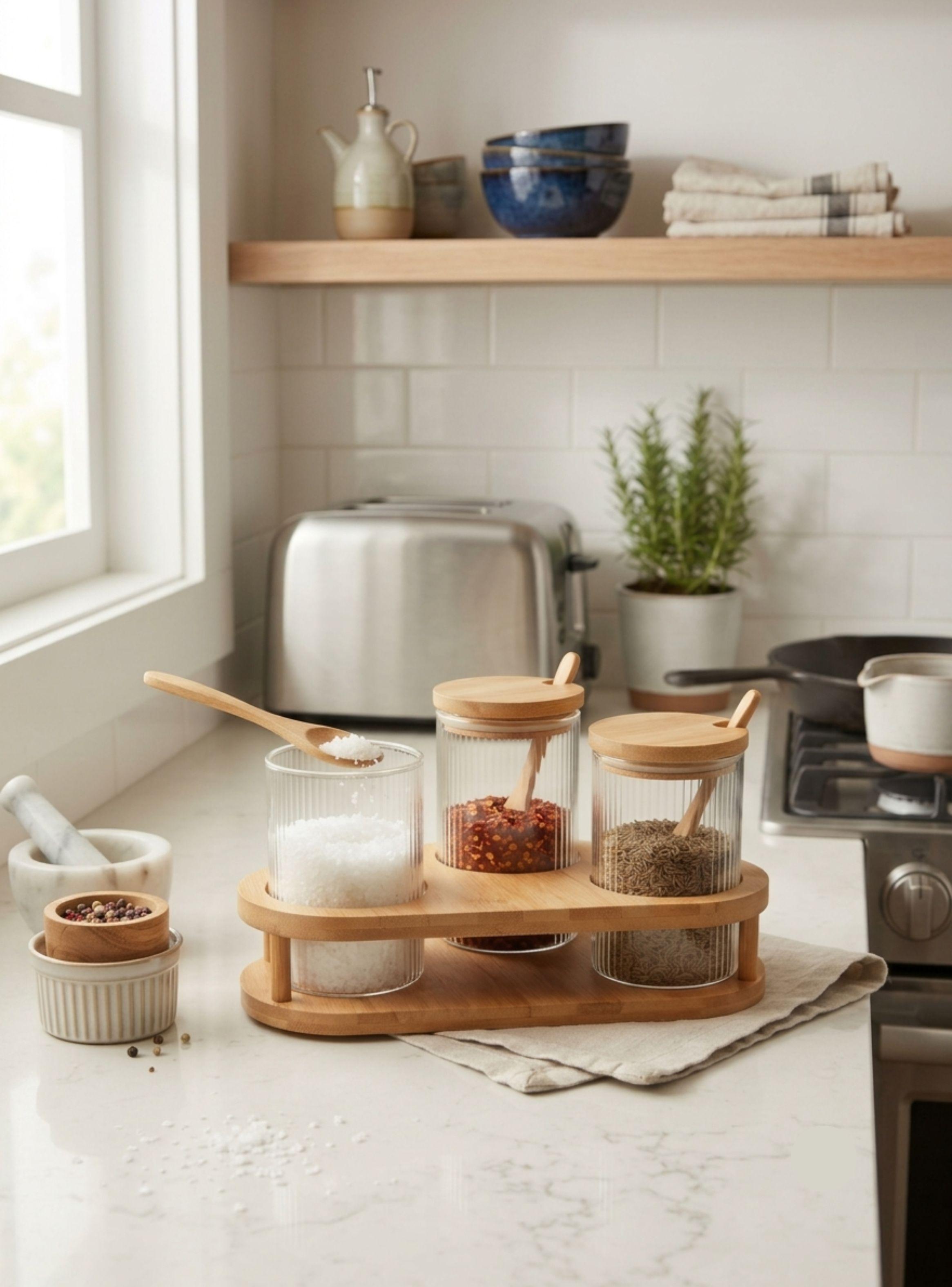 Organizador Cocina 3 Frascos Condimenteros Vidrio Bambú Cucharas-2