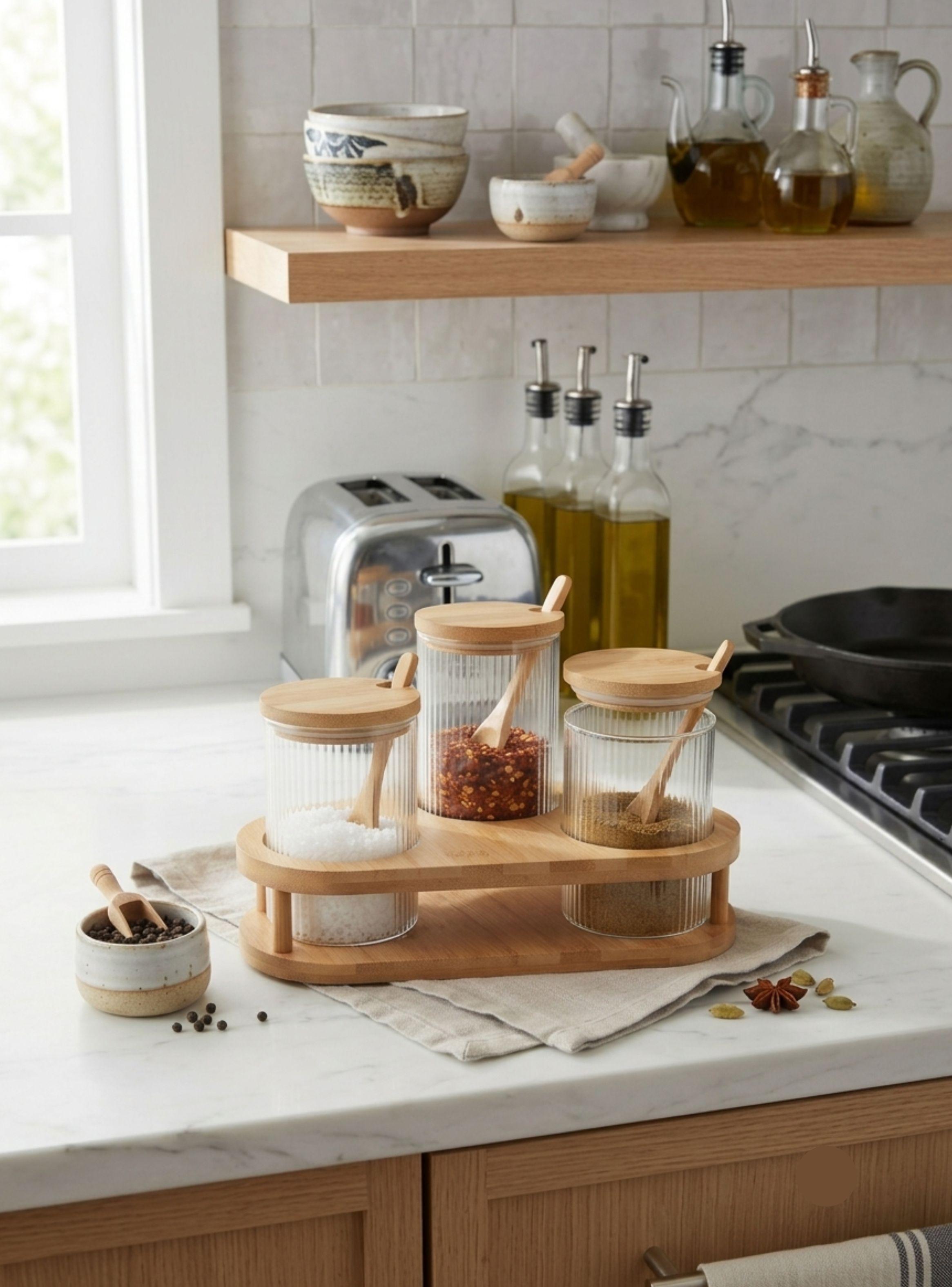 Organizador Cocina 3 Frascos Condimenteros Vidrio Bambú Cucharas-3
