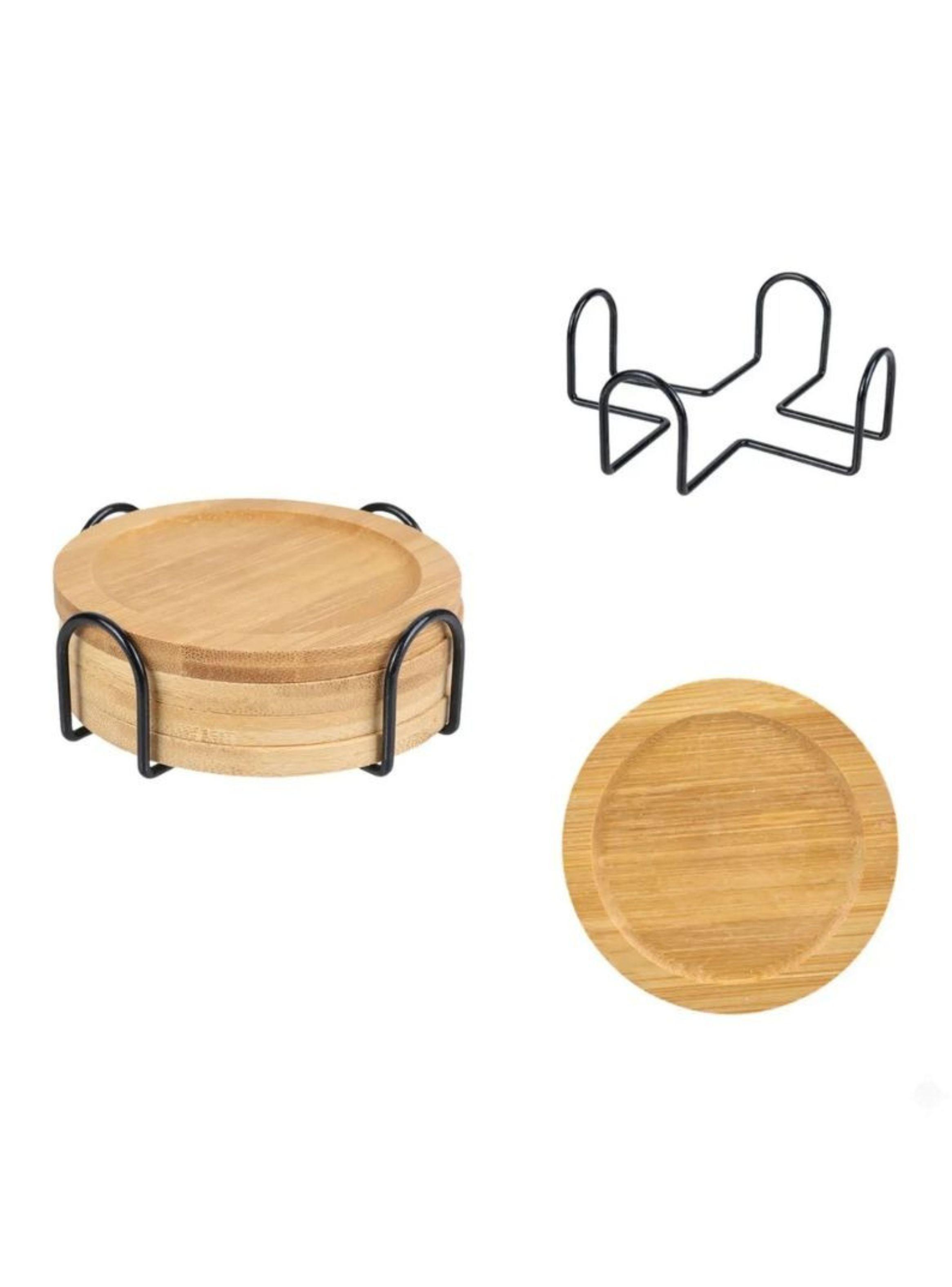 Set 5 Posavasos De Bambú Redondos Con Soporte Metálico-1