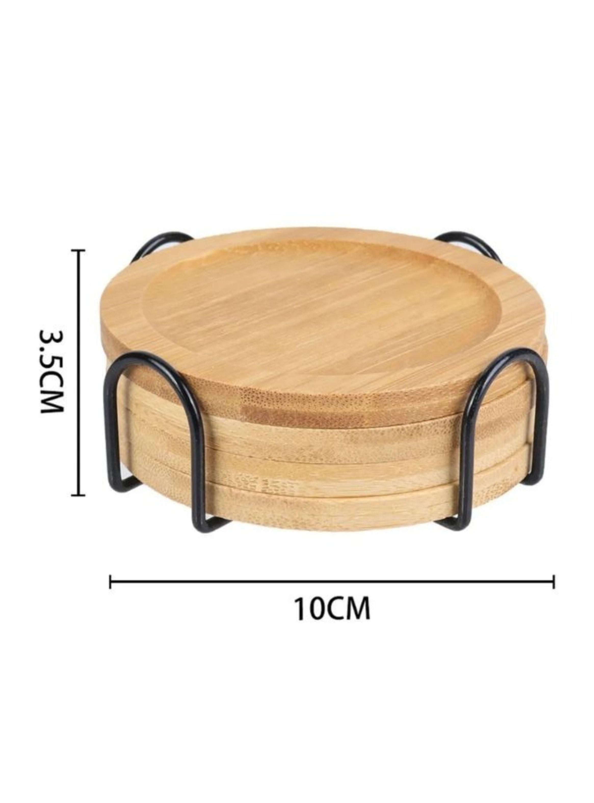 Set 5 Posavasos De Bambú Redondos Con Soporte Metálico-2