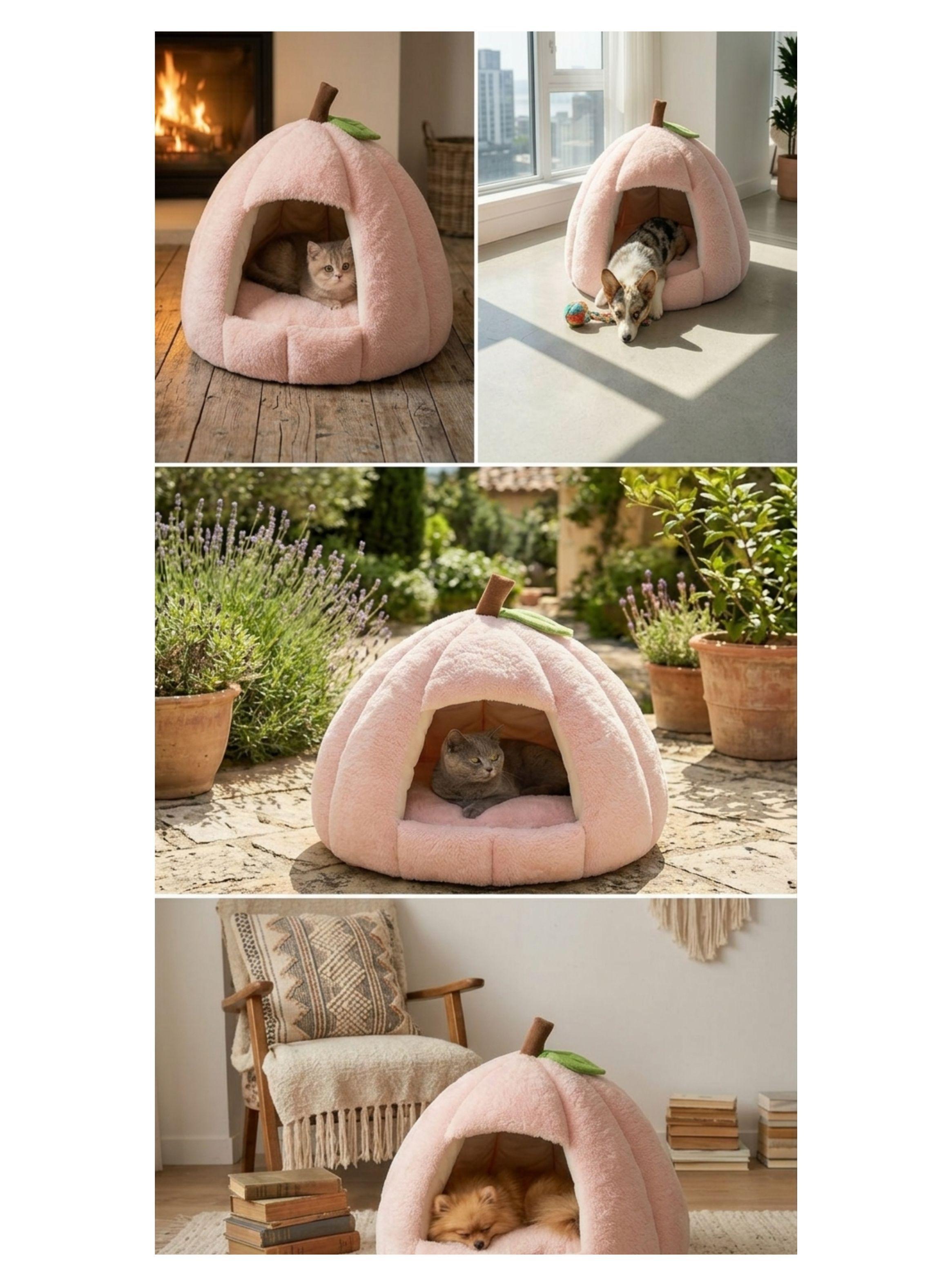 Cama Tipo Cueva Iglú Para Mascotas Perro Gato Felpa Suave Rosa -3