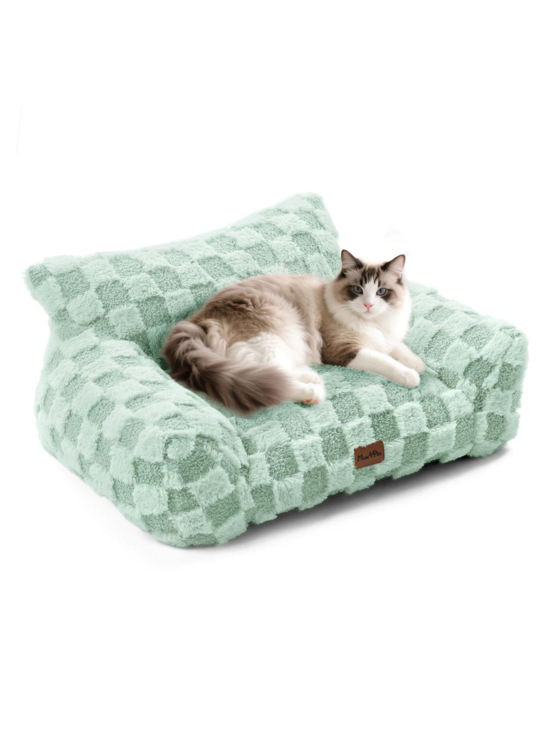 Cama Sofá Para Perros Y Gatos Diseño Cuadros Verde Lavable Talla S-4